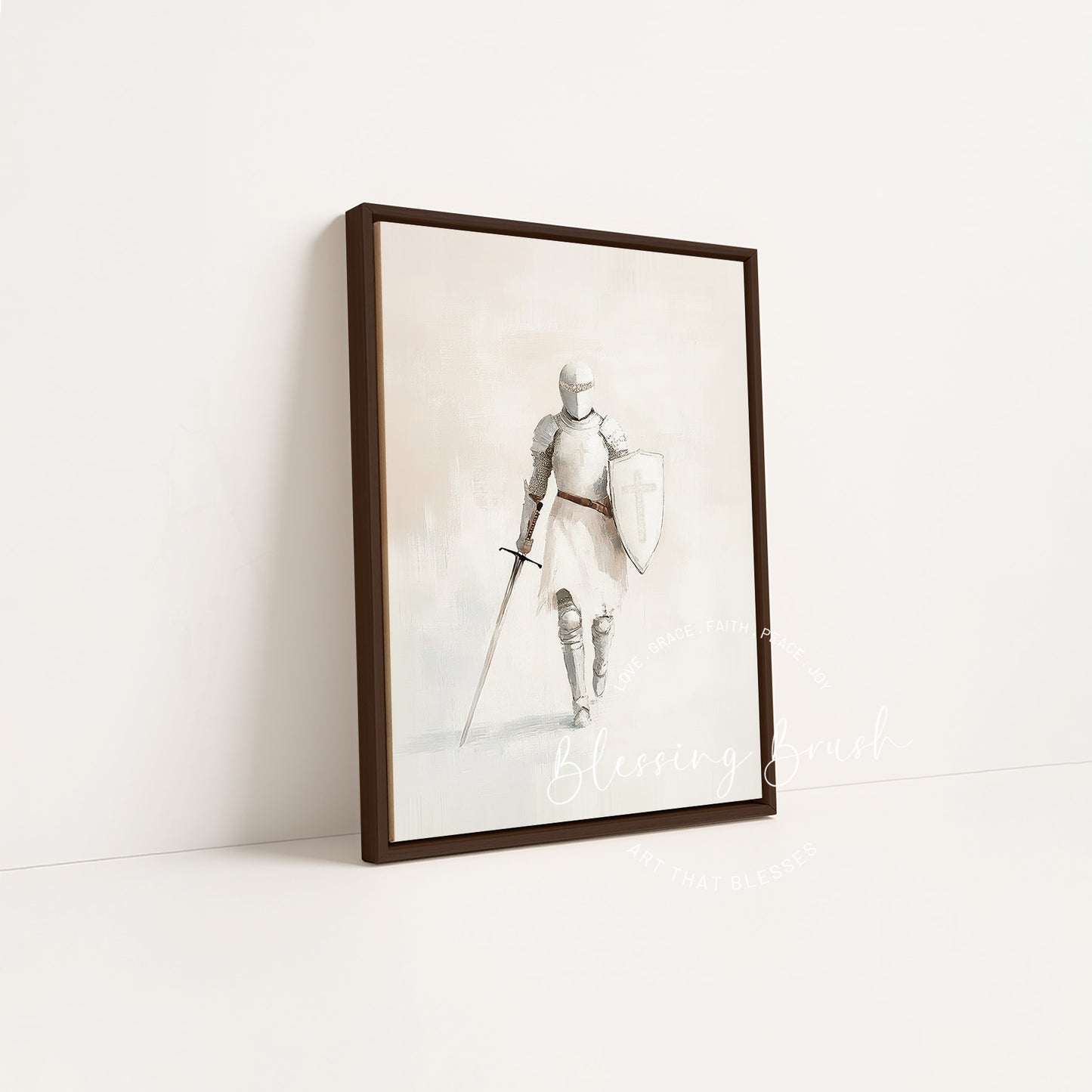 Armor of God – Christian Wall Art, Woman Christian Warrior, Beige Spiritual Warrior Framed Canvas