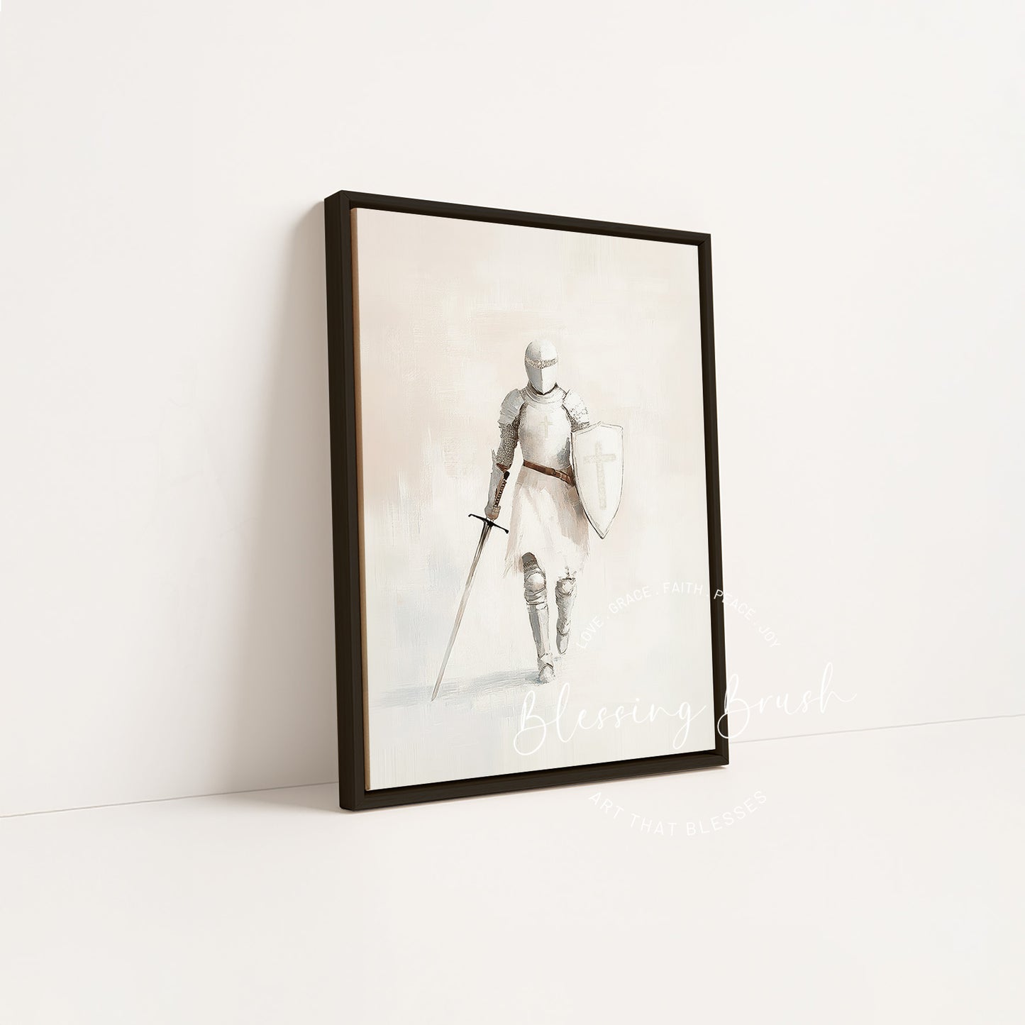 Armor of God – Christian Wall Art, Woman Christian Warrior, Beige Spiritual Warrior Framed Canvas