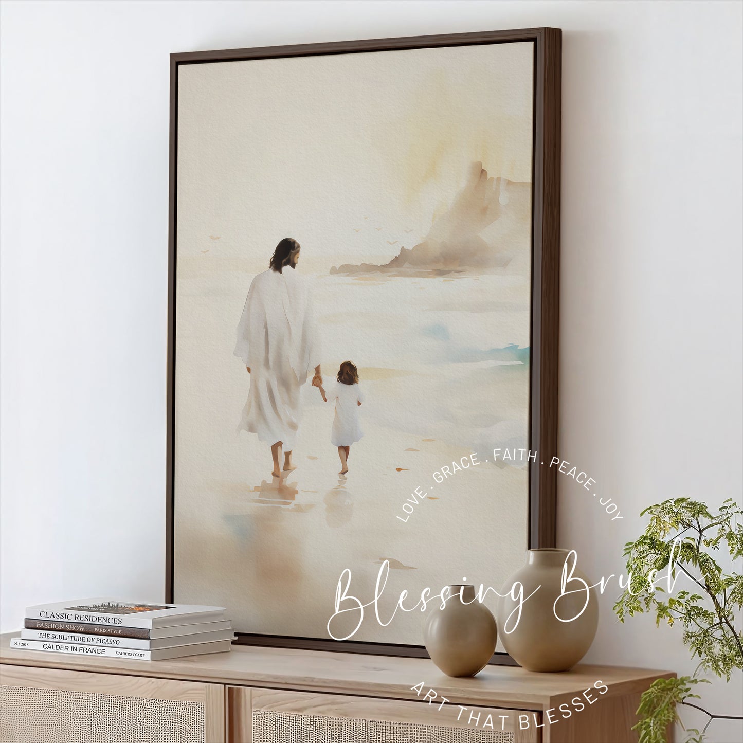 Jesus Walking with Child - Christian Framed Canvas Wall Art, Gentle Faith-Inspired Print, Spiritual Shoreline Scene for Home or Nursery