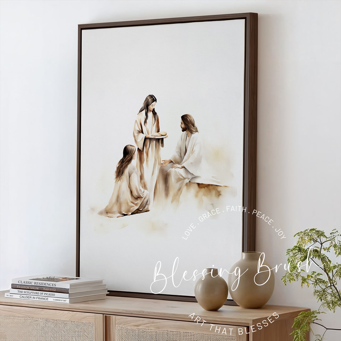 Mary and Martha with Jesus - Christian Framed Canvas Wall Art, Bible Devotion Scene, Faith-Based Neutral Home Decor
