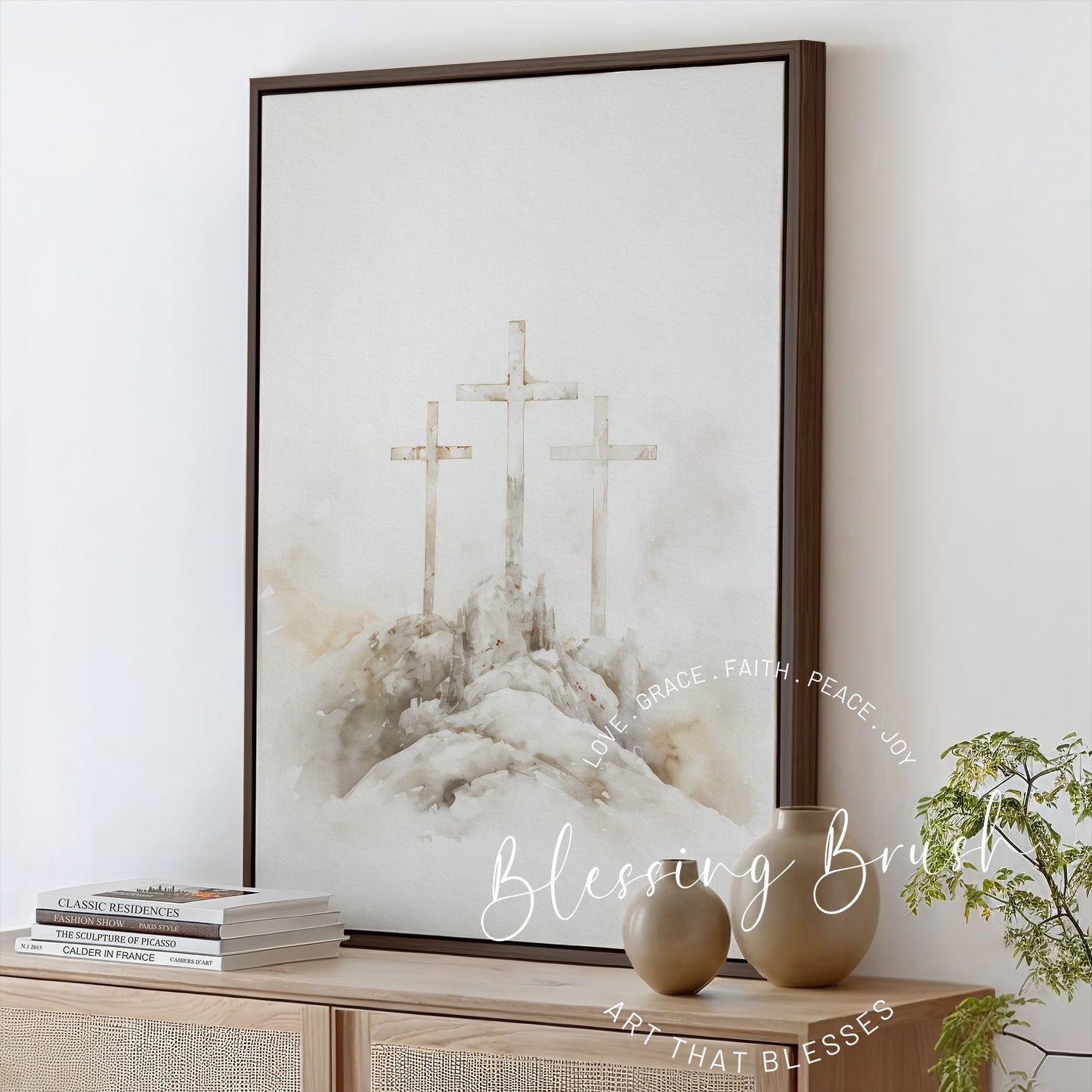Calvary Hill Three Crosses - Christian Framed Canvas Wall Art, Jesus Crucifixion Scene