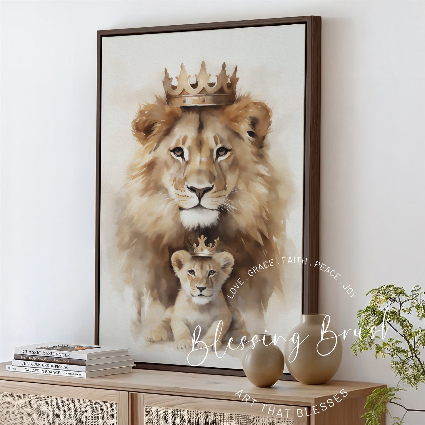 Lion and Cub Crowned Framed Canvas - Jesus Lion of Judah, Faith Family Wall Art