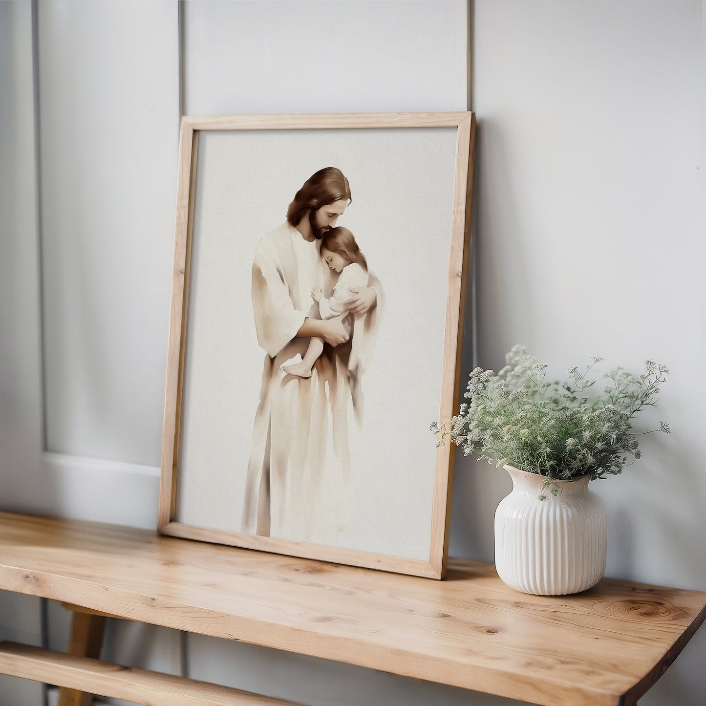 Jesus Embracing a Child – Watercolor Christian Wall Art, Comforting Little Girl Framed Canvas