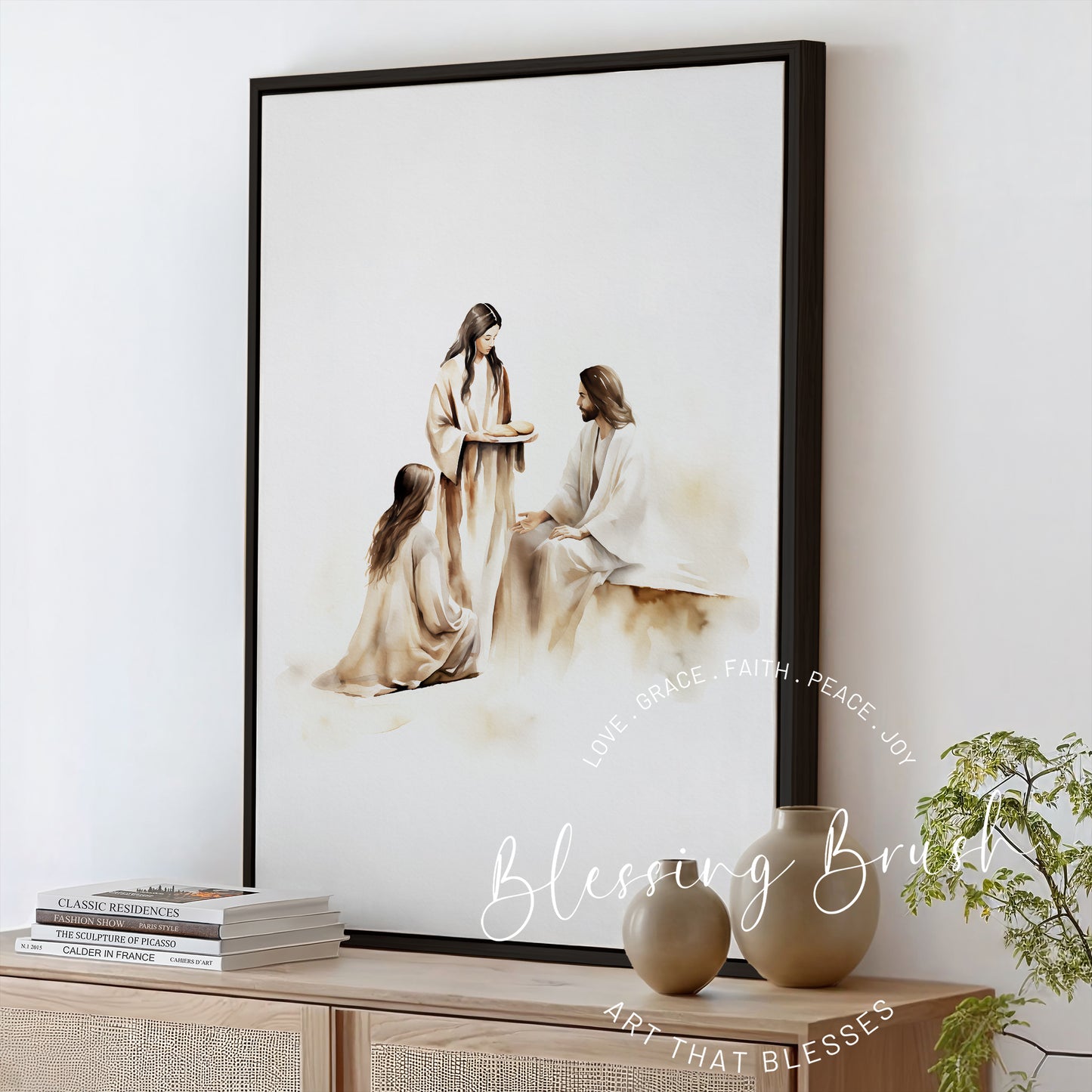 Mary and Martha with Jesus - Christian Framed Canvas Wall Art, Bible Devotion Scene, Faith-Based Neutral Home Decor