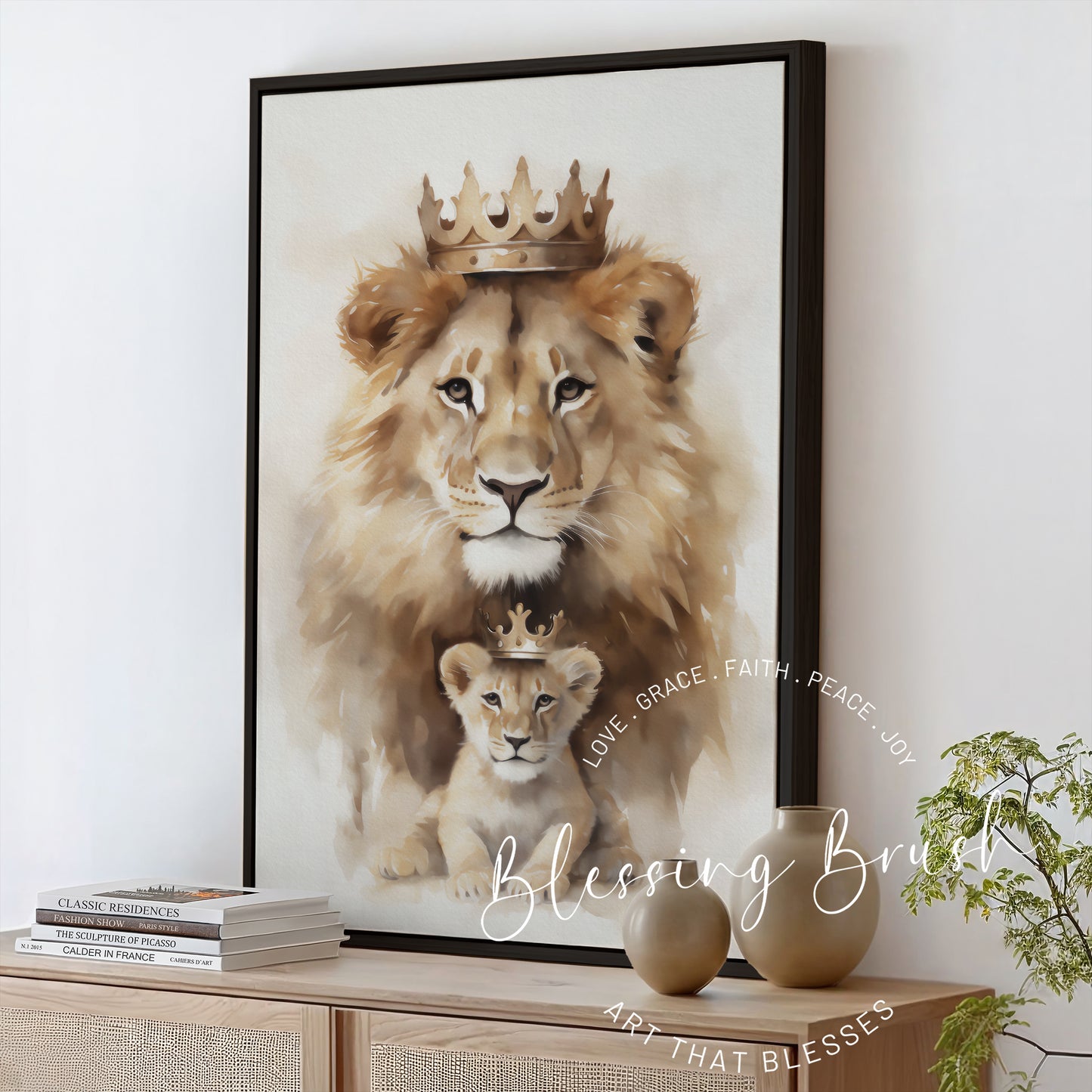 Lion and Cub Crowned Framed Canvas - Jesus Lion of Judah, Faith Family Wall Art