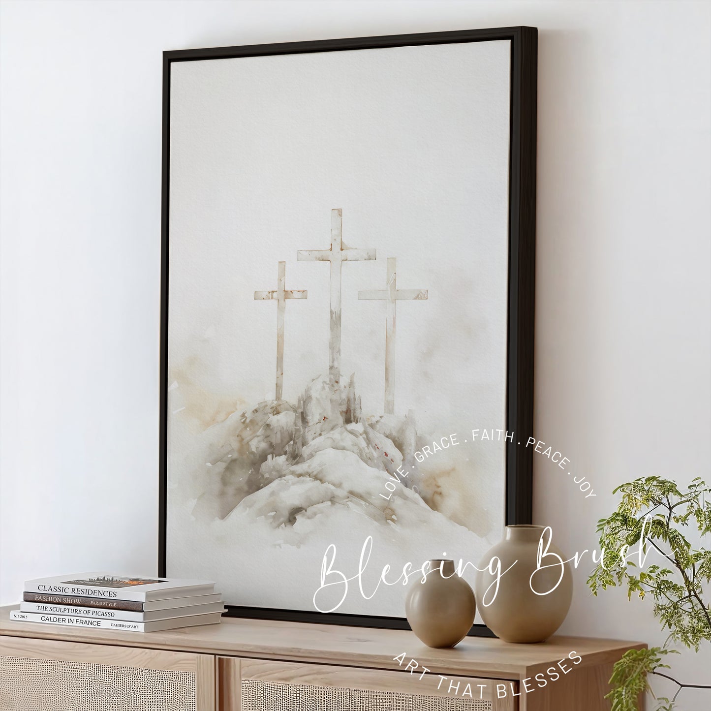 Calvary Hill Three Crosses - Christian Framed Canvas Wall Art, Jesus Crucifixion Scene