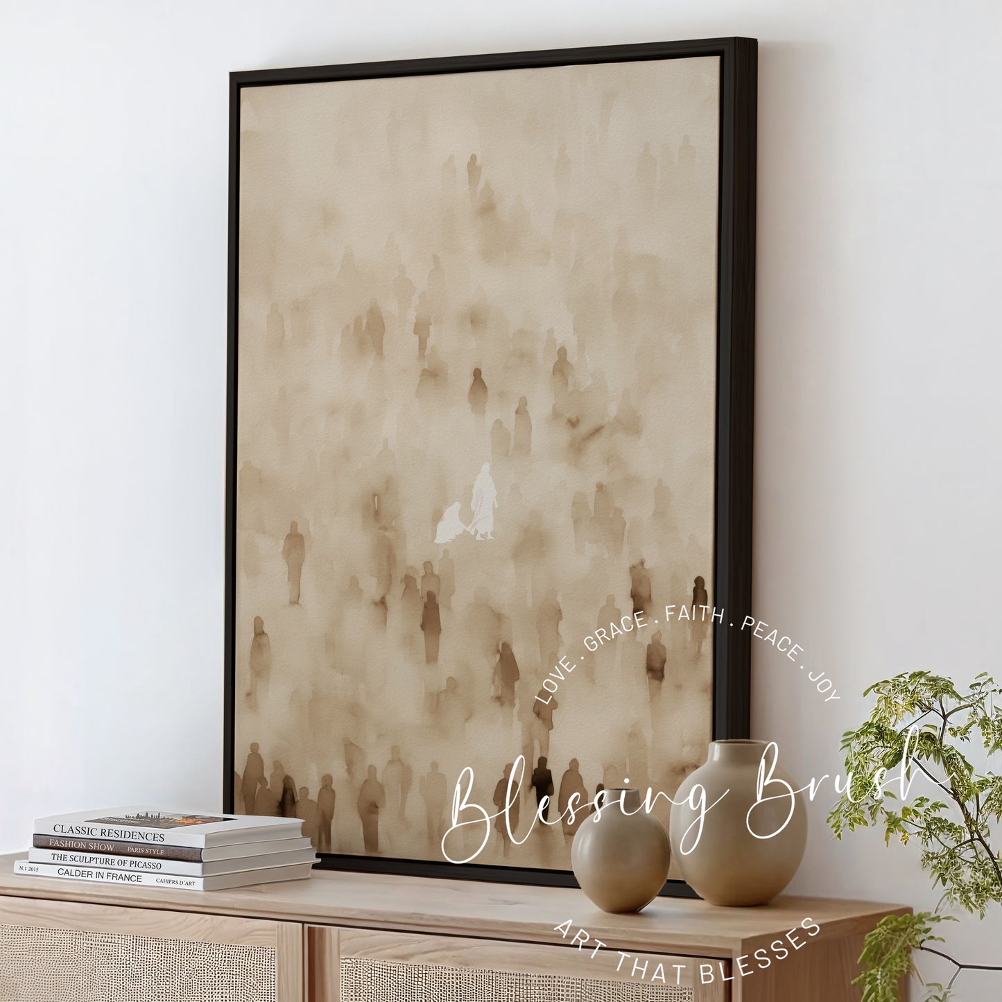 Jesus Heals the Woman with Issue of Blood, Framed Christian Canvas Wall Art, Bible Healing Miracles, Neutral Faith Home Decor