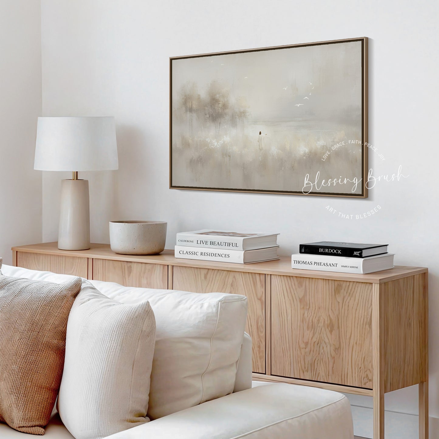 Look at the Birds, Lilies of the Field Christian Wall Art – Minimalist Beige Jesus Painting