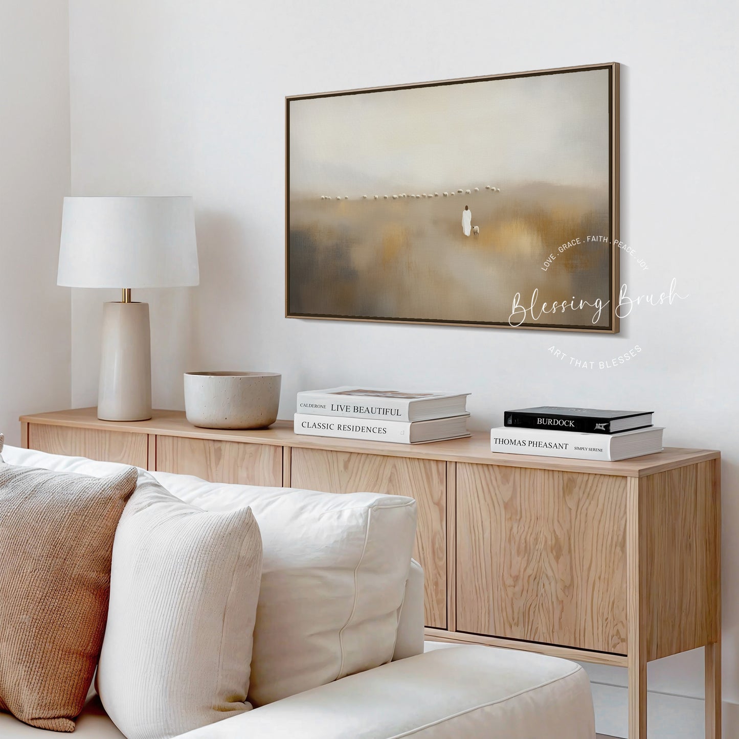 Jesus Leaves The 99 & Found Lost Sheep | Good Shepherd, Modern Christian Wall Art - Framed Canvas