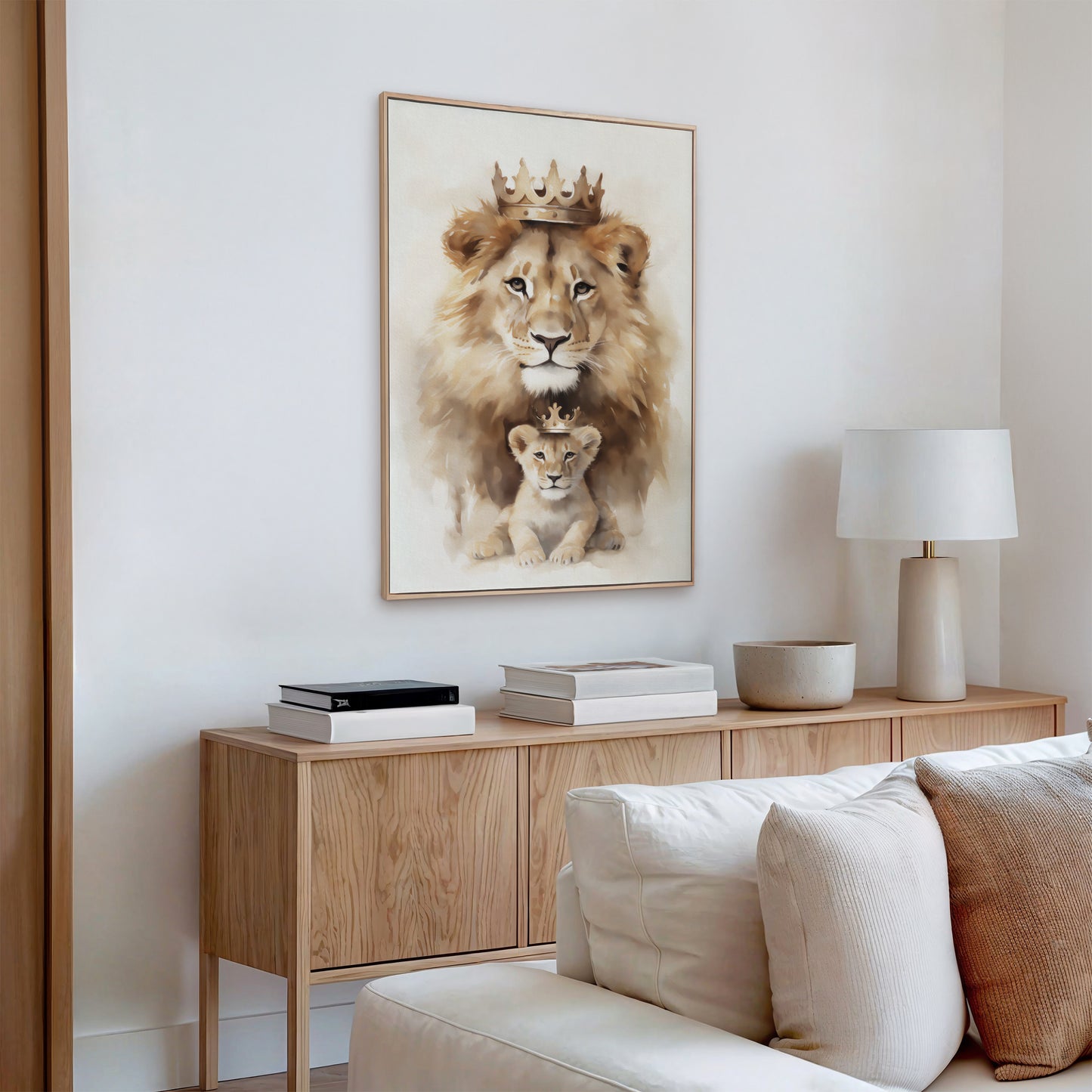Lion and Cub Crowned Framed Canvas - Jesus Lion of Judah, Faith Family Wall Art
