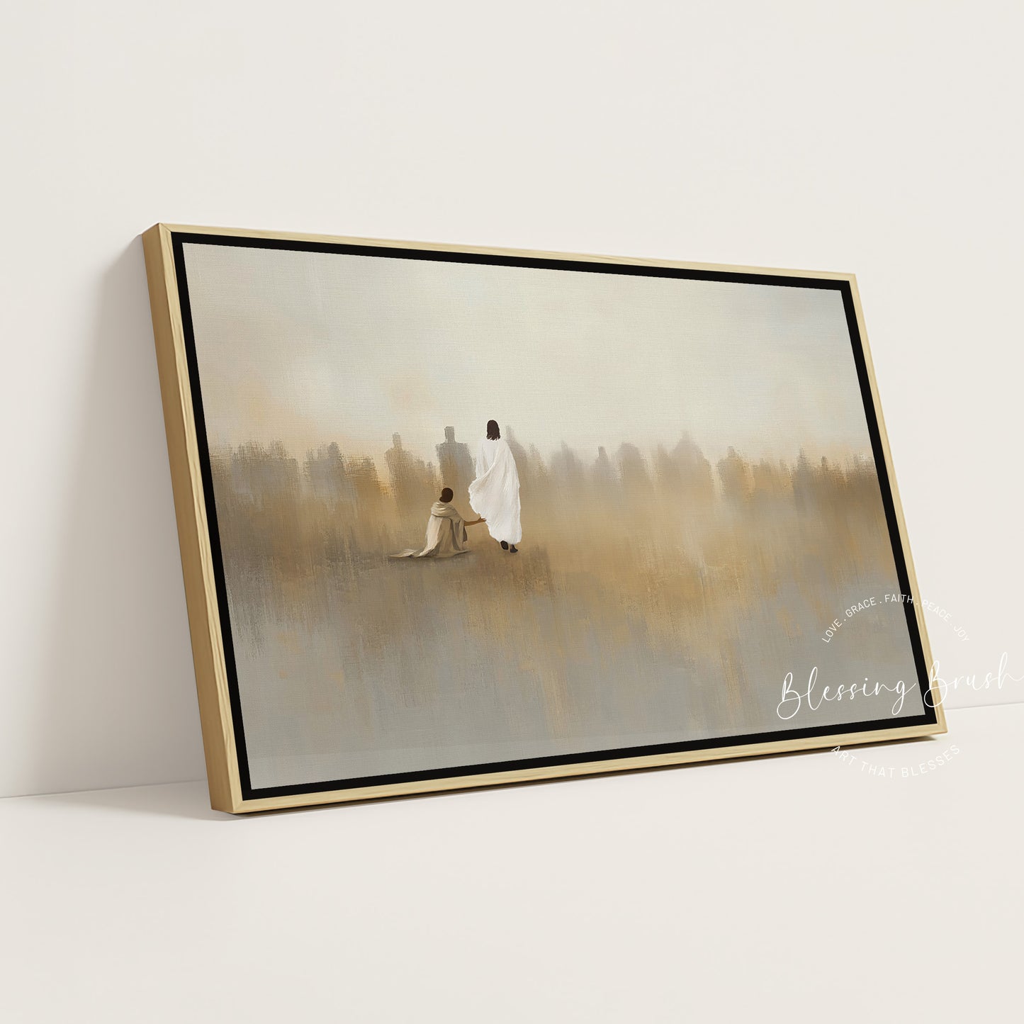 Jesus Heals Bleeding Woman Touched Hem of His Garment, Modern Christian Wall Art, Neutral Faith Decor