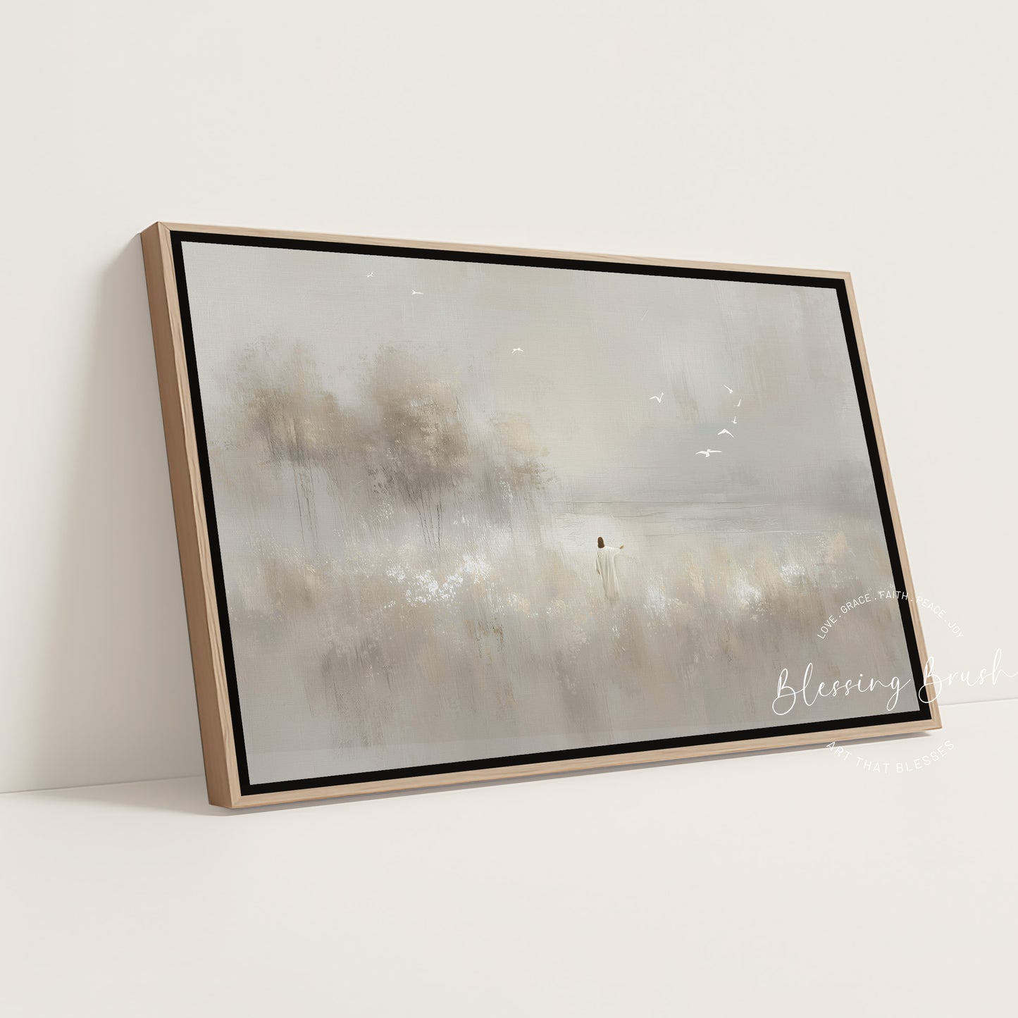 Look at the Birds, Lilies of the Field Christian Wall Art – Minimalist Beige Jesus Painting