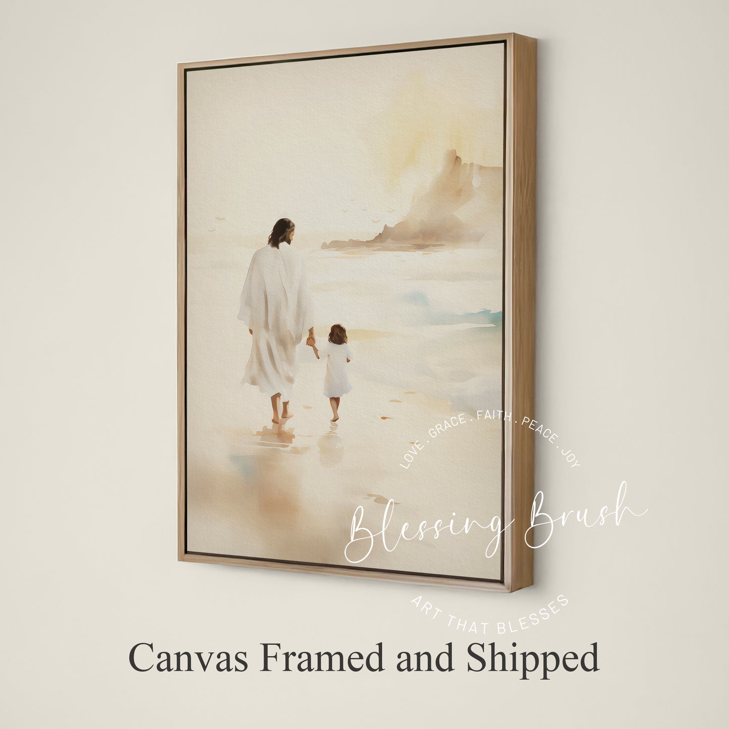 Jesus Walking with Child - Christian Framed Canvas Wall Art, Gentle Faith-Inspired Print, Spiritual Shoreline Scene for Home or Nursery