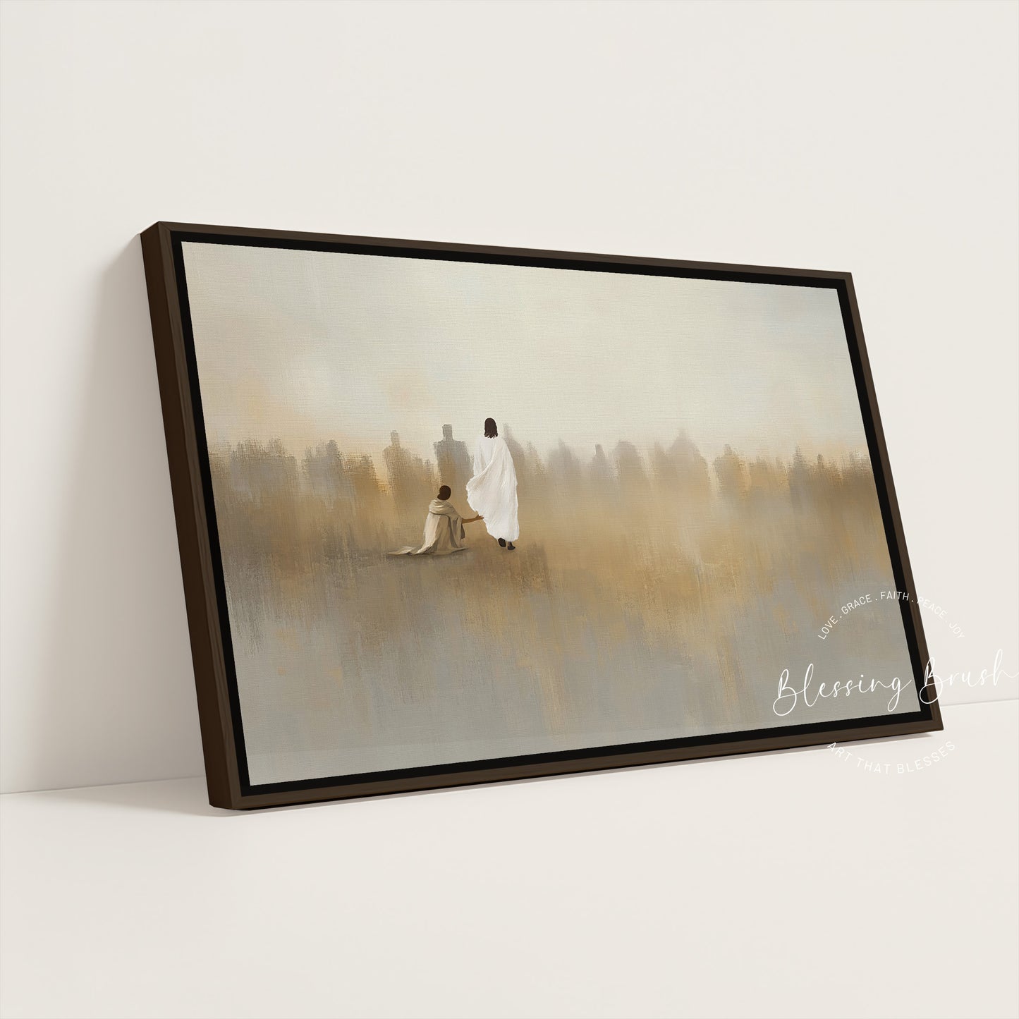 Jesus Heals Bleeding Woman Touched Hem of His Garment, Modern Christian Wall Art, Neutral Faith Decor