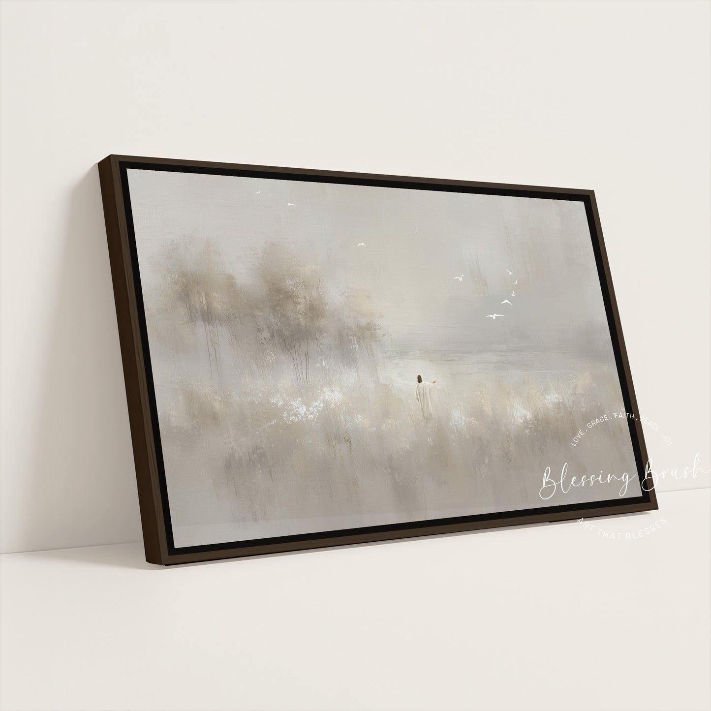 Look at the Birds, Lilies of the Field Christian Wall Art – Minimalist Beige Jesus Painting