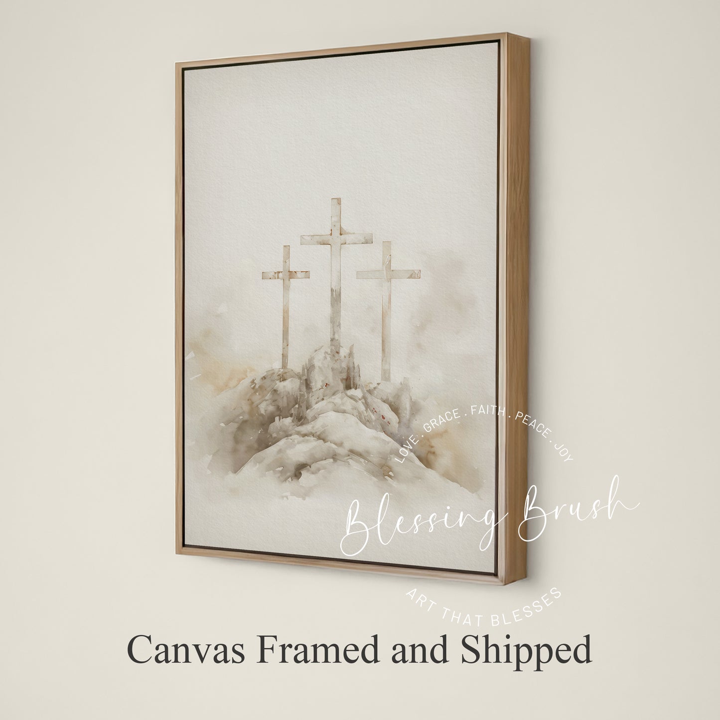 Calvary Hill Three Crosses - Christian Framed Canvas Wall Art, Jesus Crucifixion Scene