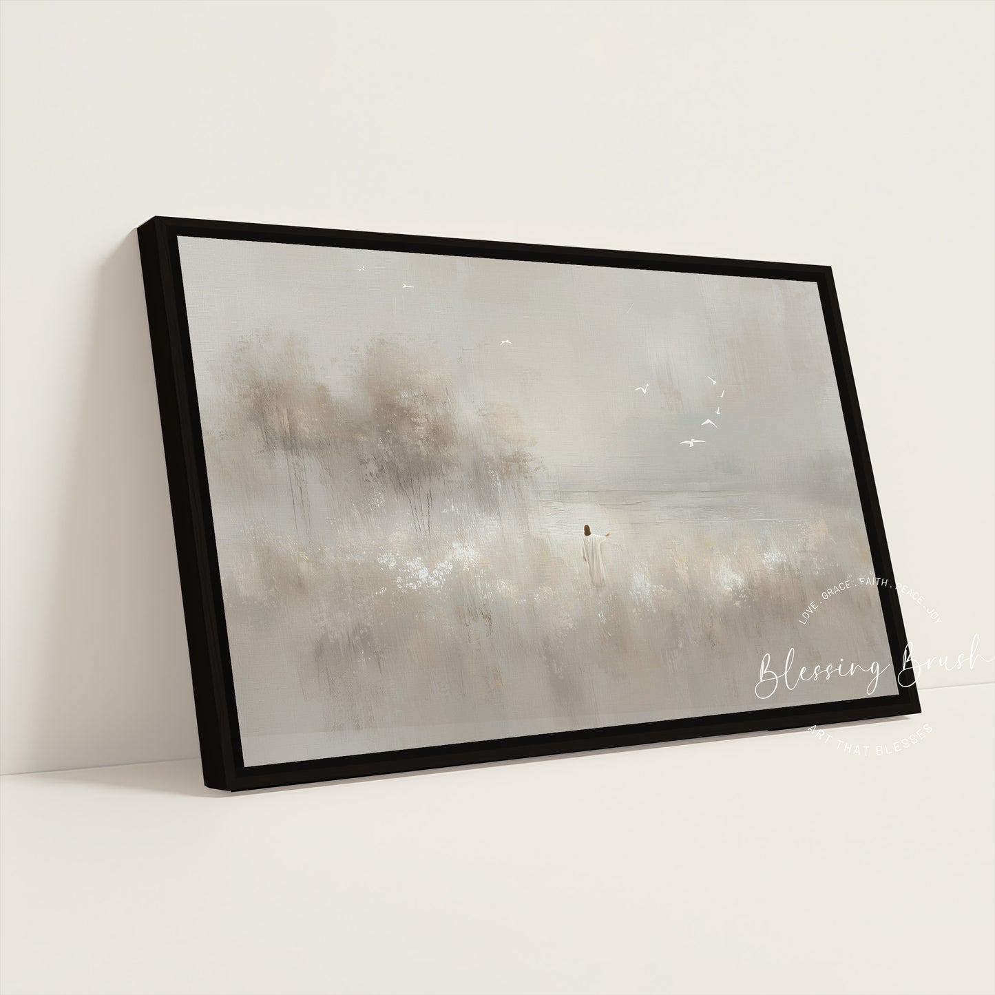 Look at the Birds, Lilies of the Field Christian Wall Art – Minimalist Beige Jesus Painting