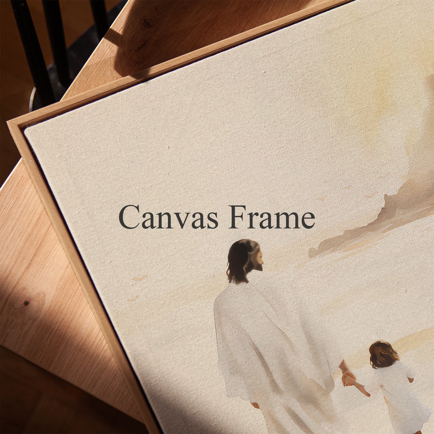 Jesus Walking with Child - Christian Framed Canvas Wall Art, Gentle Faith-Inspired Print, Spiritual Shoreline Scene for Home or Nursery