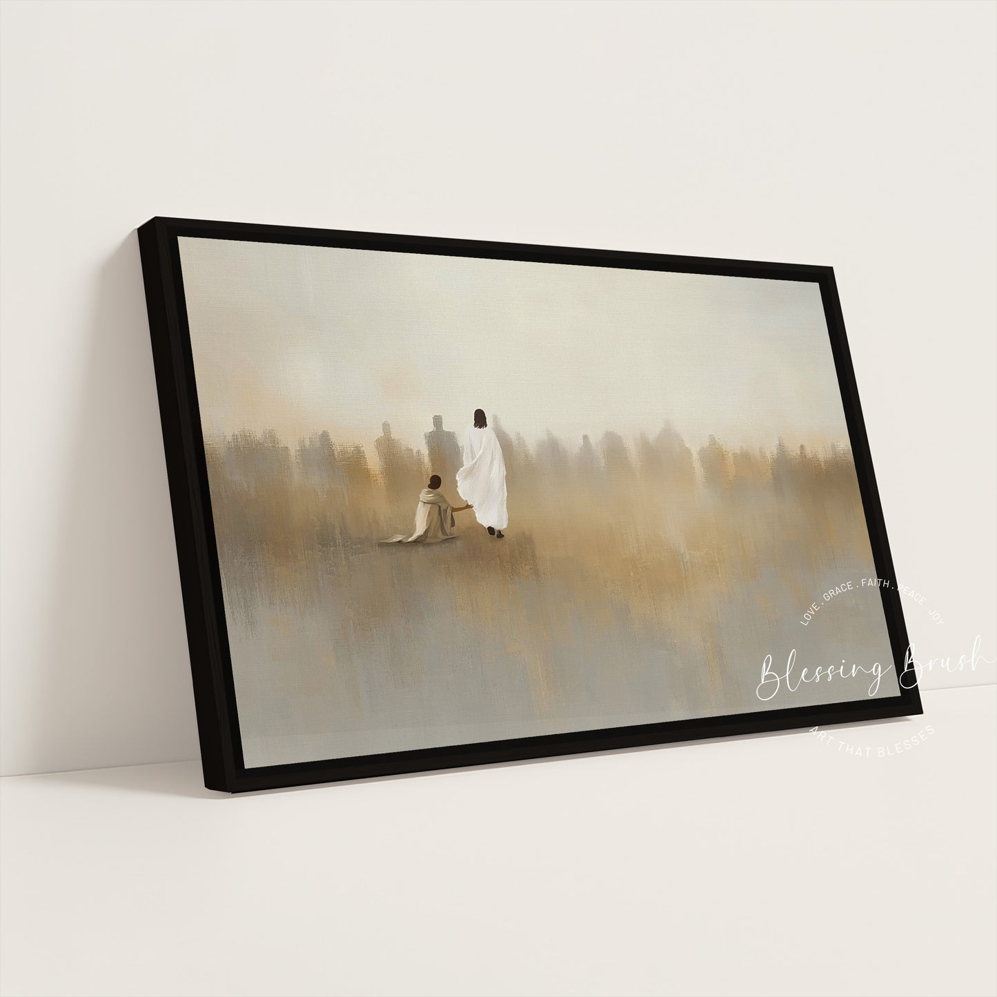 Jesus Heals Bleeding Woman Touched Hem of His Garment, Modern Christian Wall Art, Neutral Faith Decor