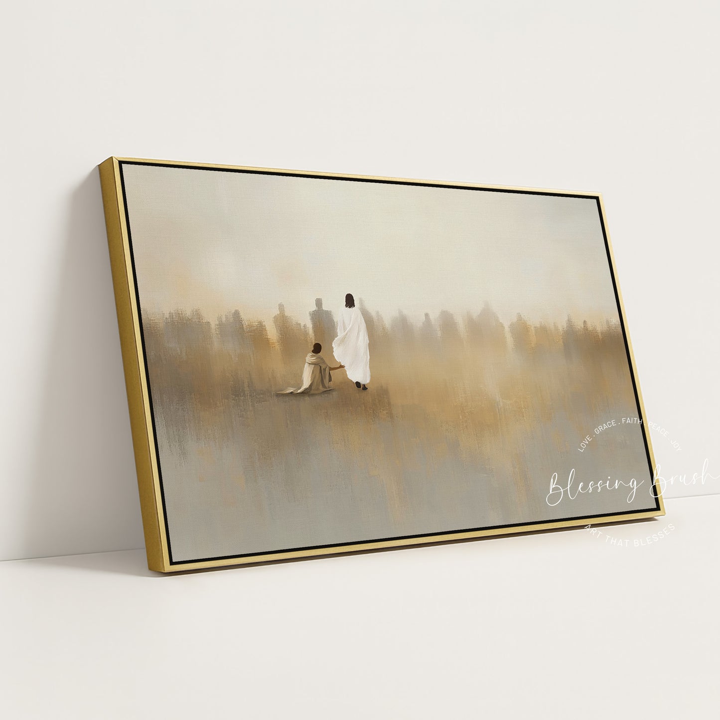 Jesus Heals Bleeding Woman Touched Hem of His Garment, Modern Christian Wall Art, Neutral Faith Decor