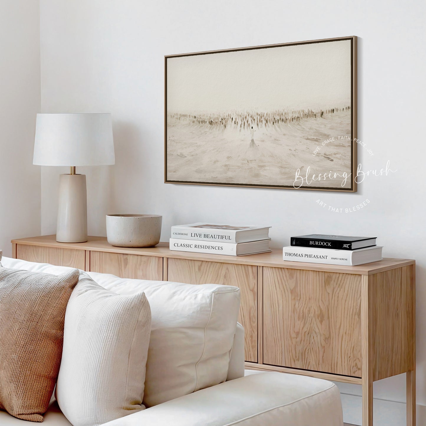 Jesus Teaching the Multitudes – Sermon on the Mount Large Framed Canvas – Minimalist Christian Art