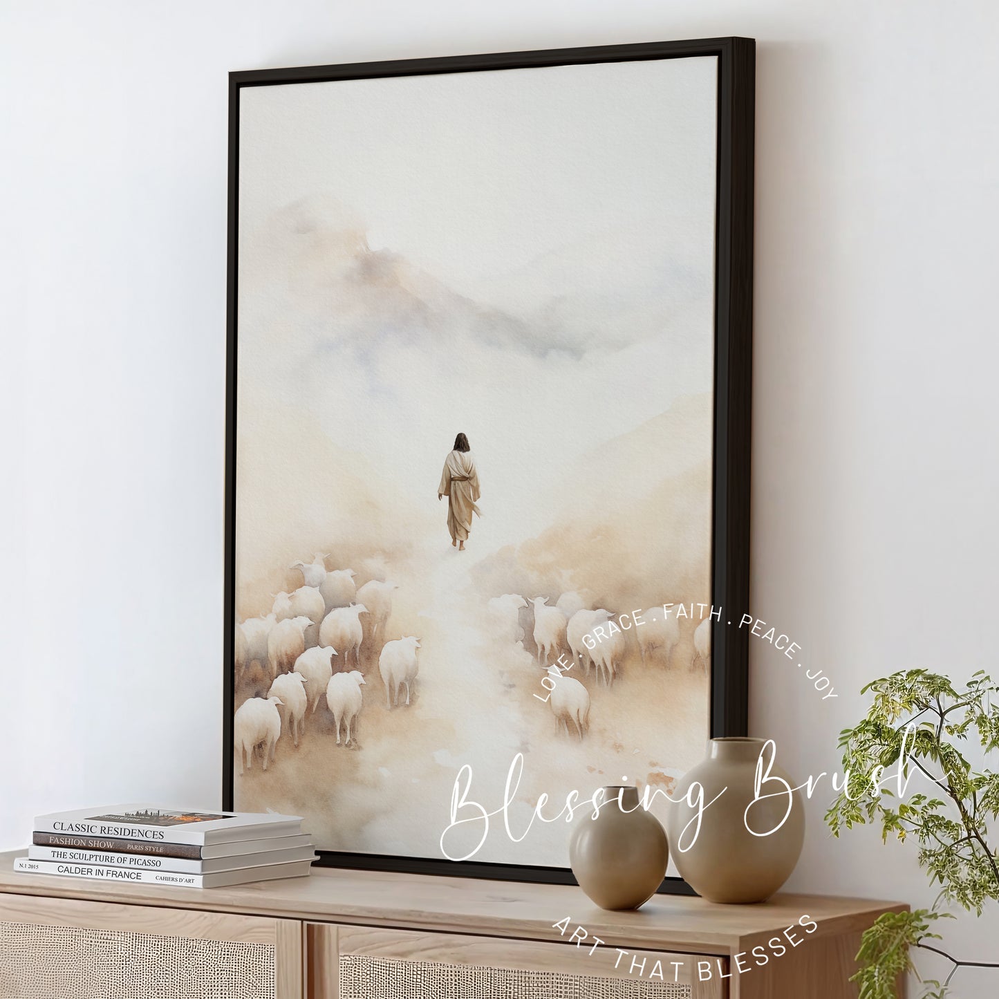 Jesus Leaves the 99 - Christian Framed Canvas Wall Art, Parable of the Lost Sheep, Faith Home Decor