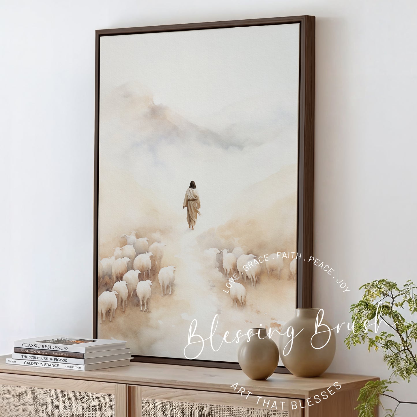 Jesus Leaves the 99 - Christian Framed Canvas Wall Art, Parable of the Lost Sheep, Faith Home Decor