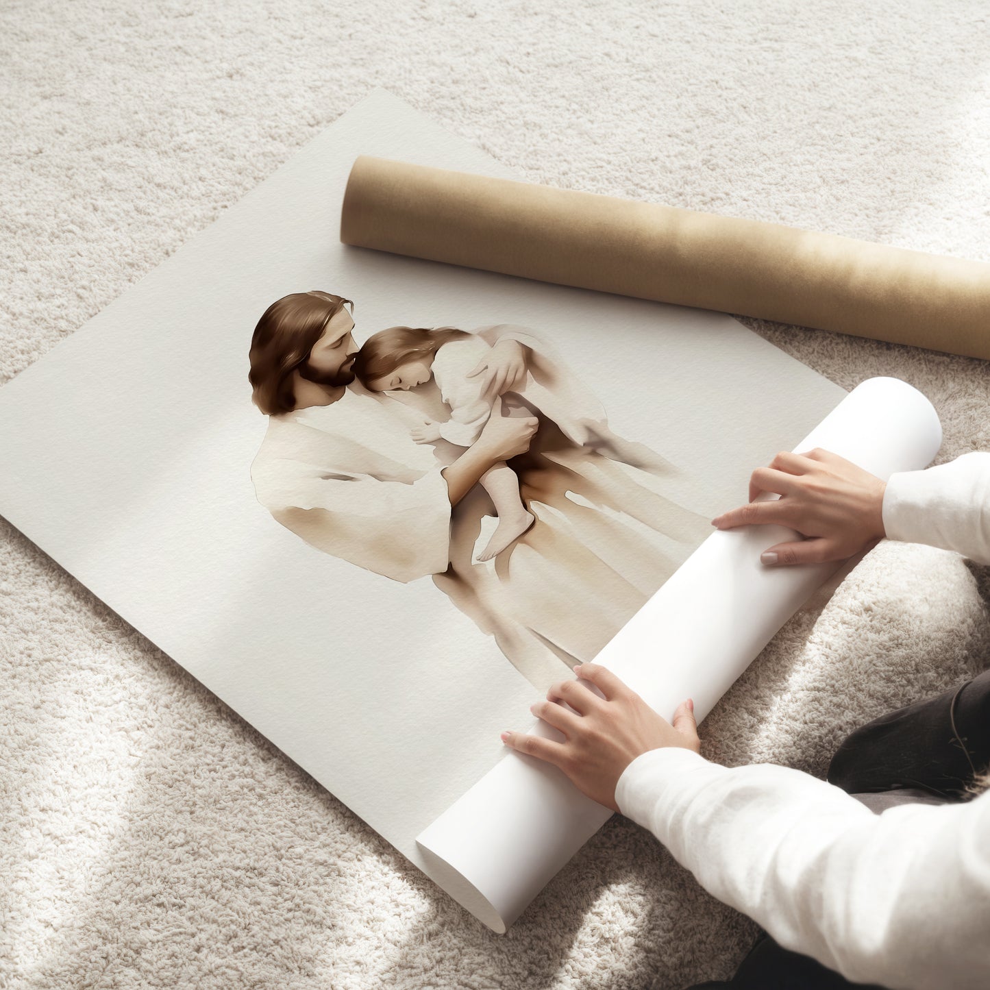 Jesus Embracing a Child – Watercolor Christian Wall Art, Comforting Little Girl Framed Canvas