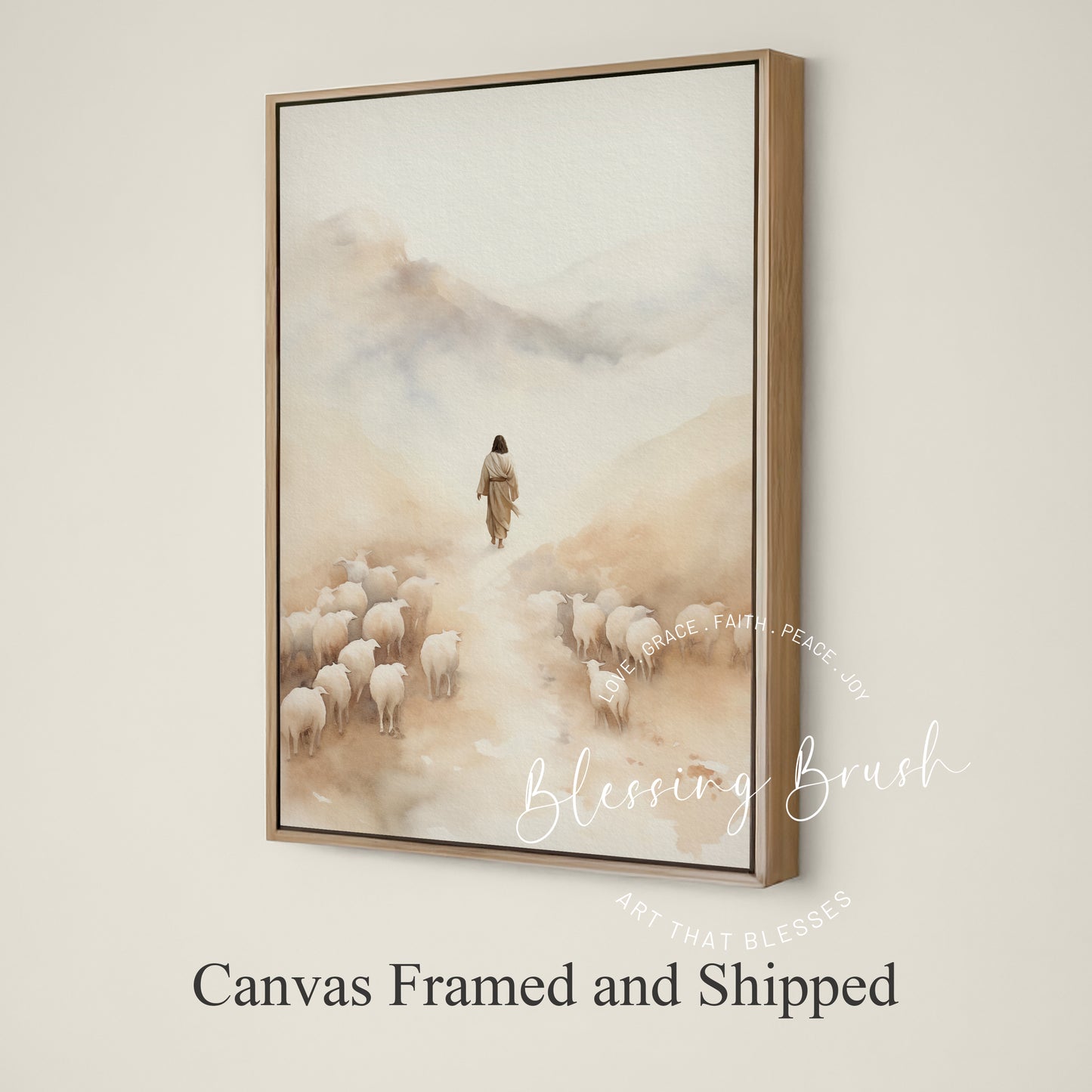 Jesus Leaves the 99 - Christian Framed Canvas Wall Art, Parable of the Lost Sheep, Faith Home Decor
