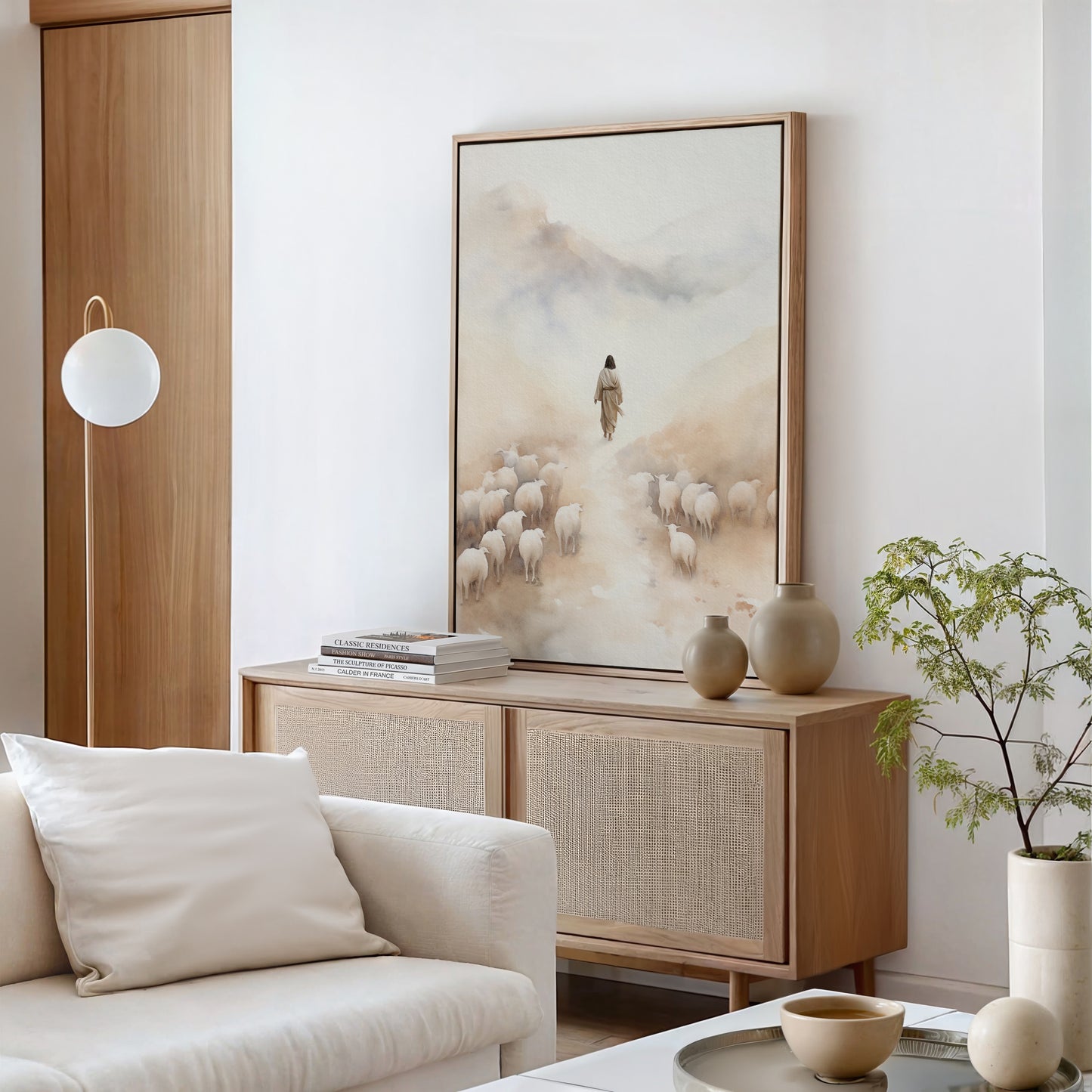 Jesus Leaves the 99 - Christian Framed Canvas Wall Art, Parable of the Lost Sheep, Faith Home Decor