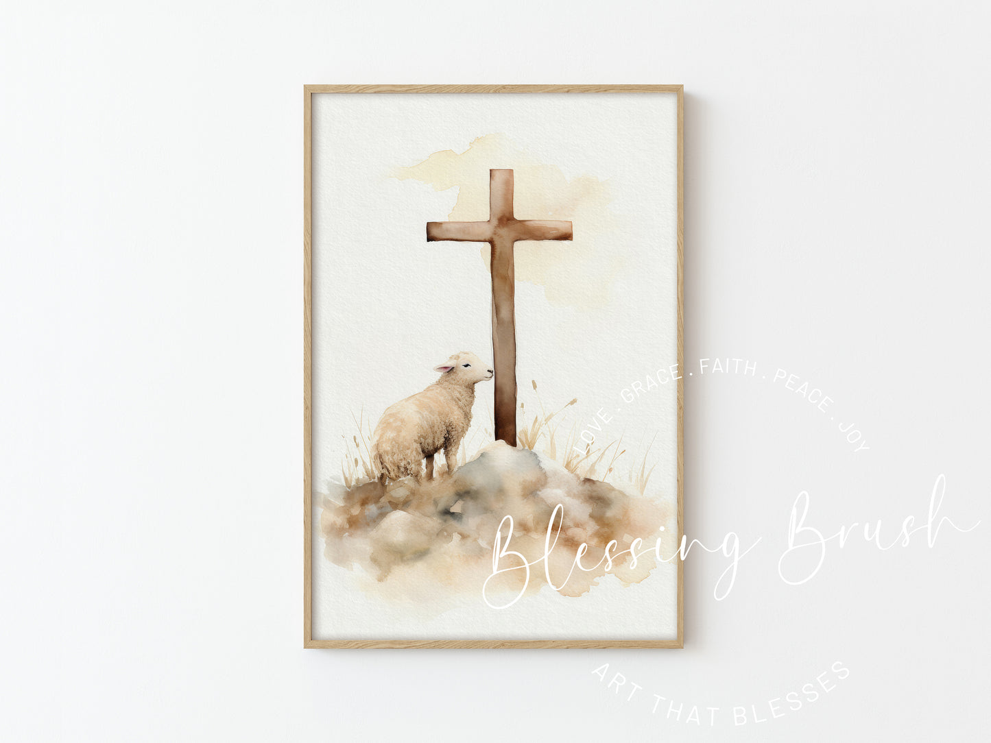 Watercolor painting of a lost sheep finding comfort at the foot of a wooden cross, symbolizing faith, hope, and divine guidance.