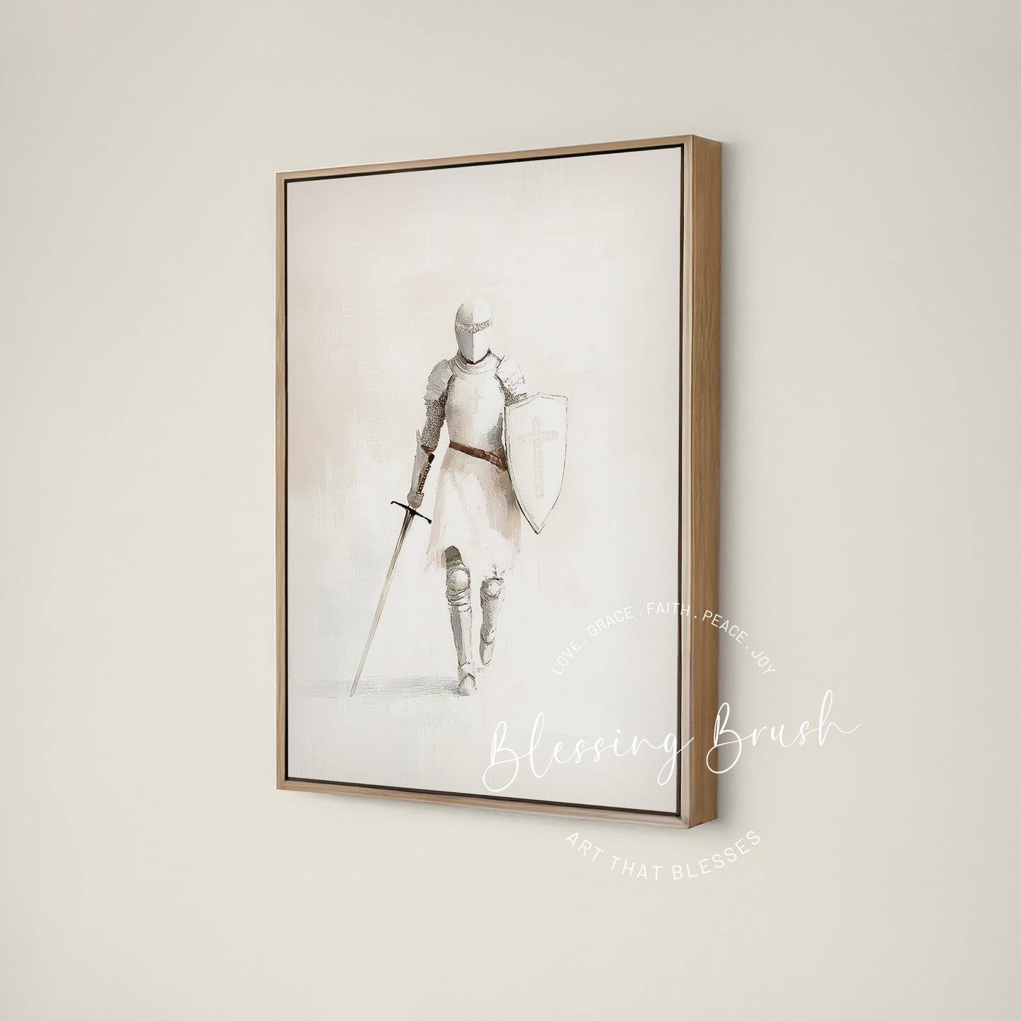 Minimalist Christian wall art of the Armor of God — a woman knight in armor holding a sword and shield with a cross. Modern abstract, neutral vertical framed canvas for faith and strength.
