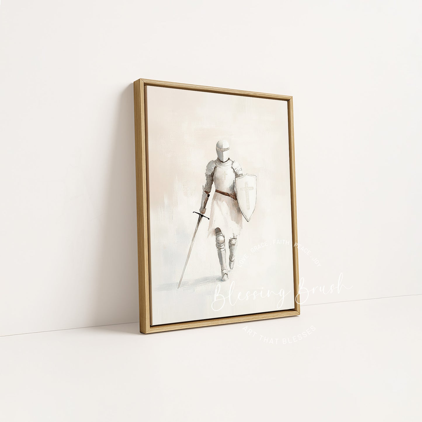 Minimalist Christian wall art of a woman in the Armor of God — beige abstract spiritual warrior with sword and shield. Modern framed canvas for faith, strength, and feminine courage. Blessing Brush Art.