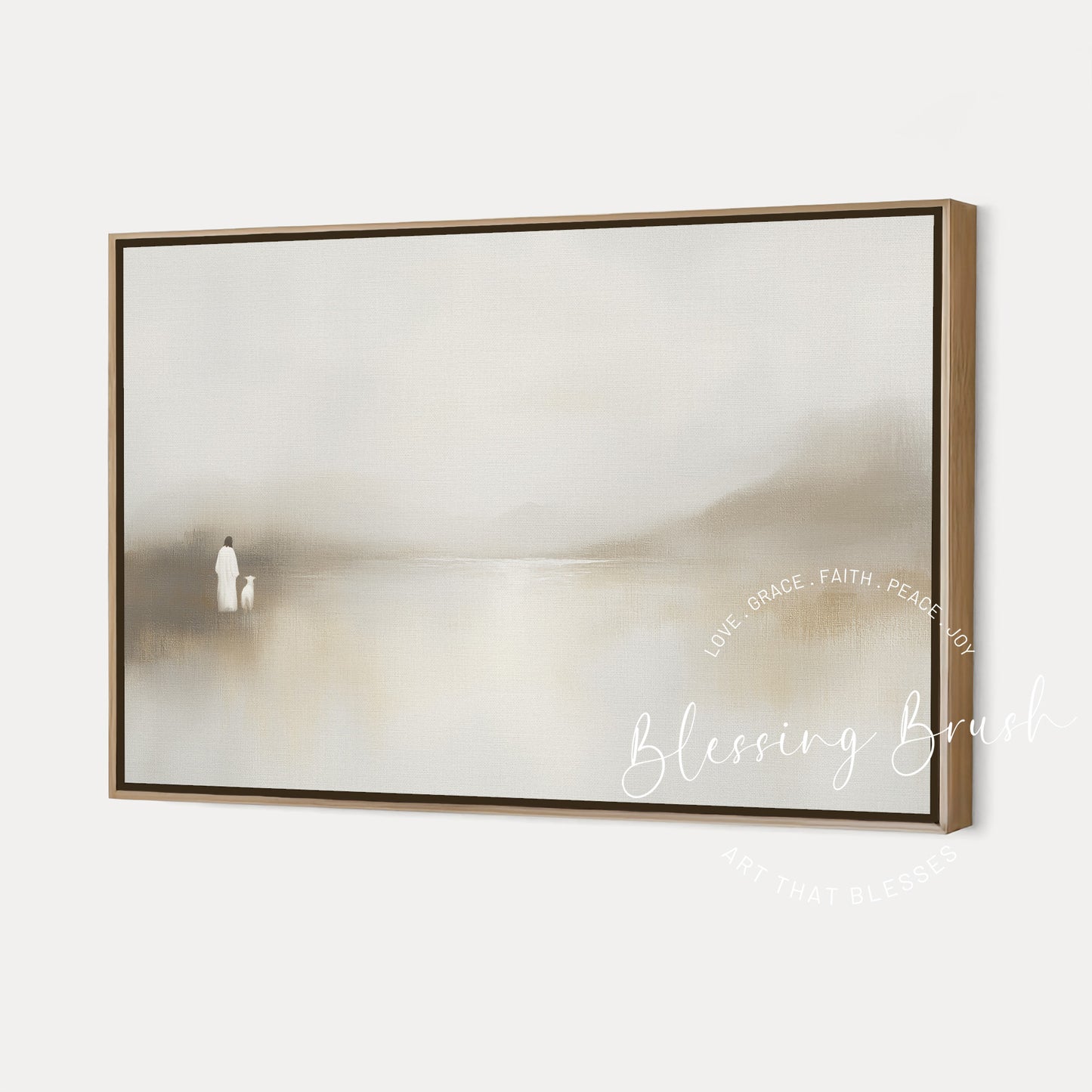 Minimalist framed canvas artwork of Jesus with a lamb by calm waters in a soft neutral landscape, inspired by Psalm 23. Blessing Brush Art.