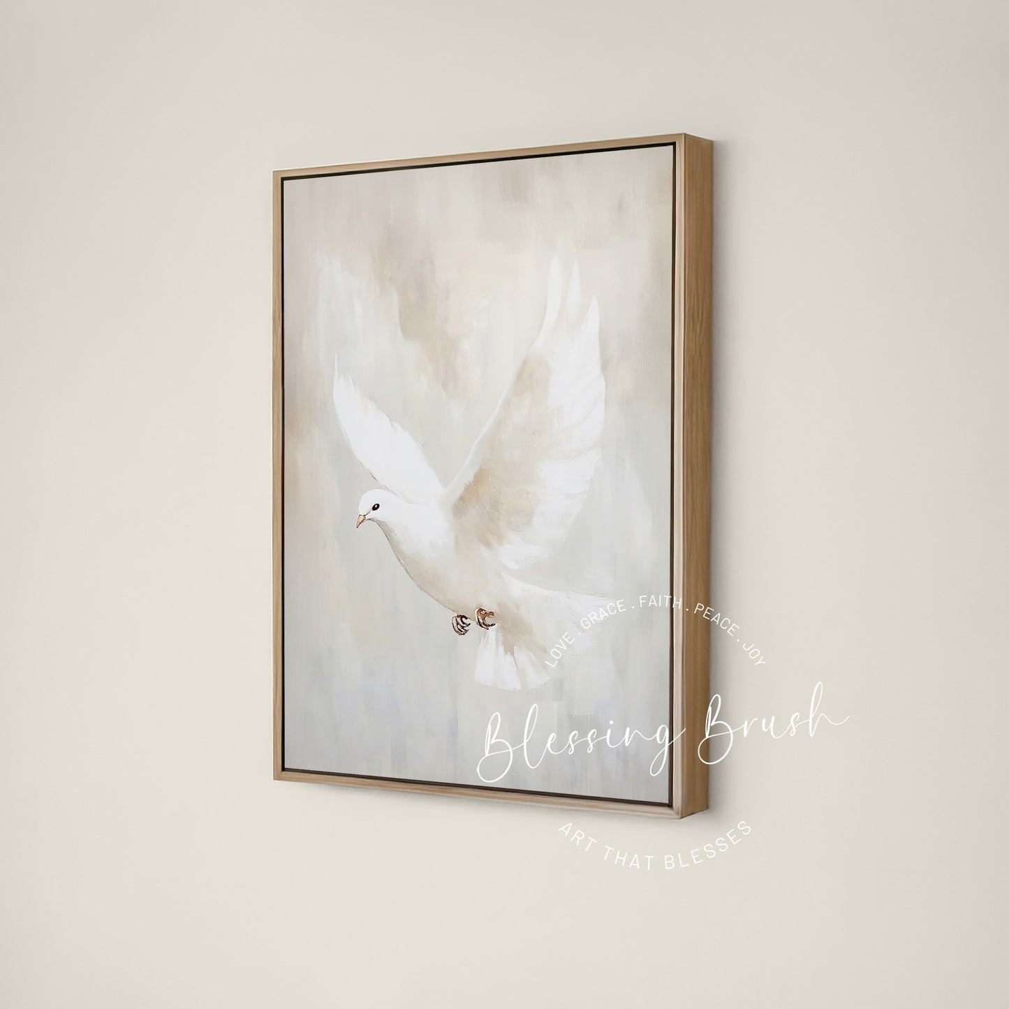 Minimalist Christian wall art of a white dove, symbolizing the Holy Spirit. Abstract soft beige background. Vertical framed canvas for peace, faith, and spiritual comfort. Blessing Brush Art.