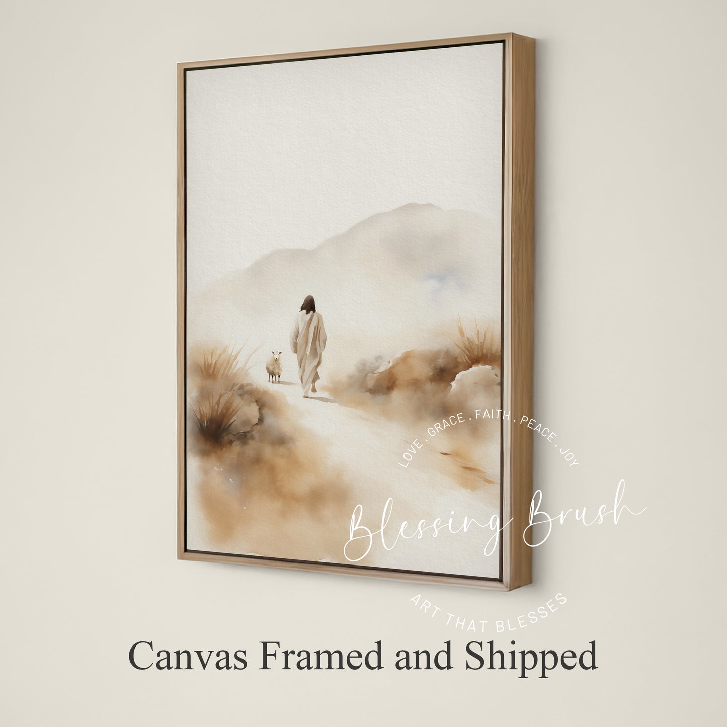 Modern Christian watercolor painting of Jesus found lost sheep, framed canvas wall art, Blessing Brush