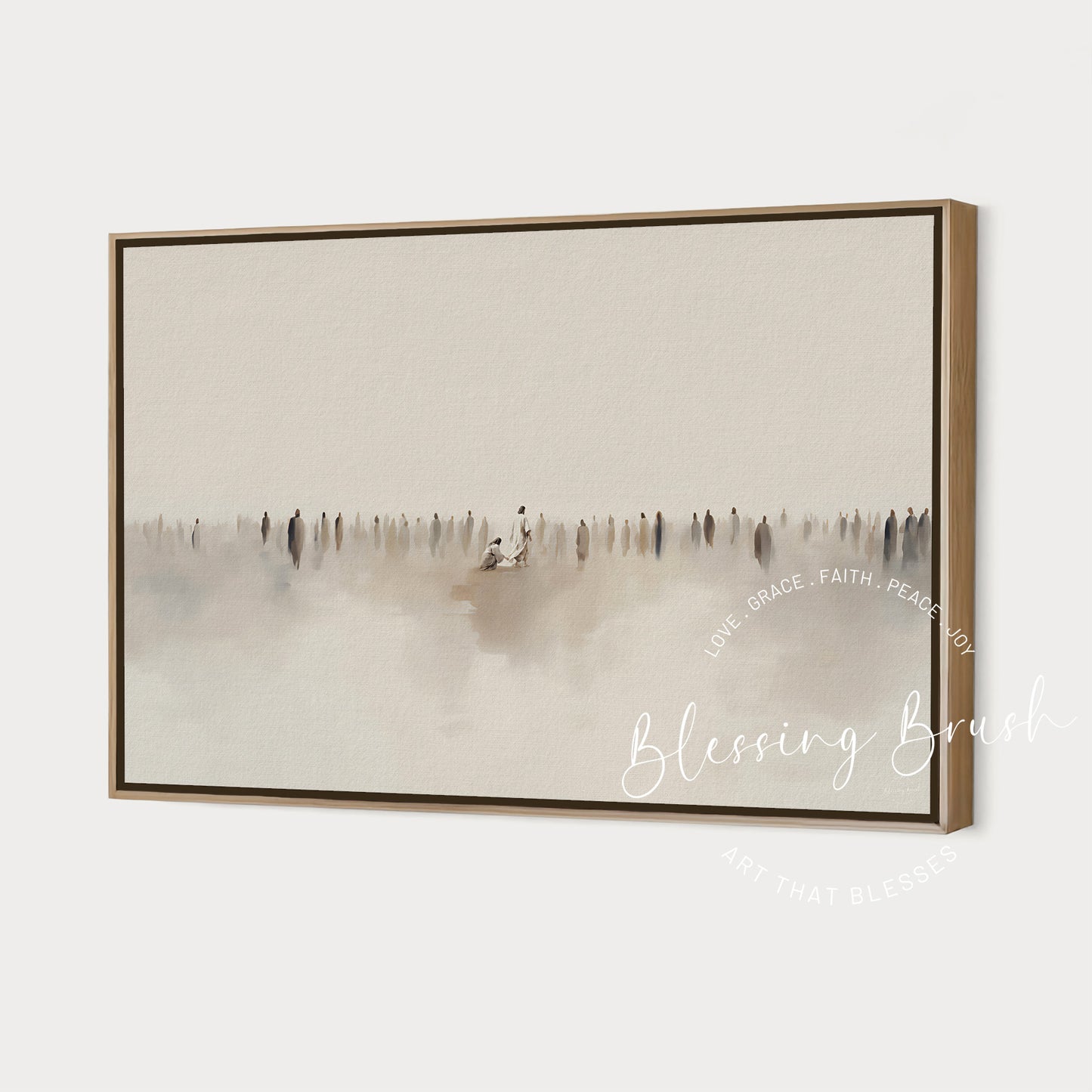 Minimalist painting of Jesus healing the bleeding woman, surrounded by a crowd, in soft neutral tones. Inspired by Mark 5:25-34 bible art by Blessing Brush.