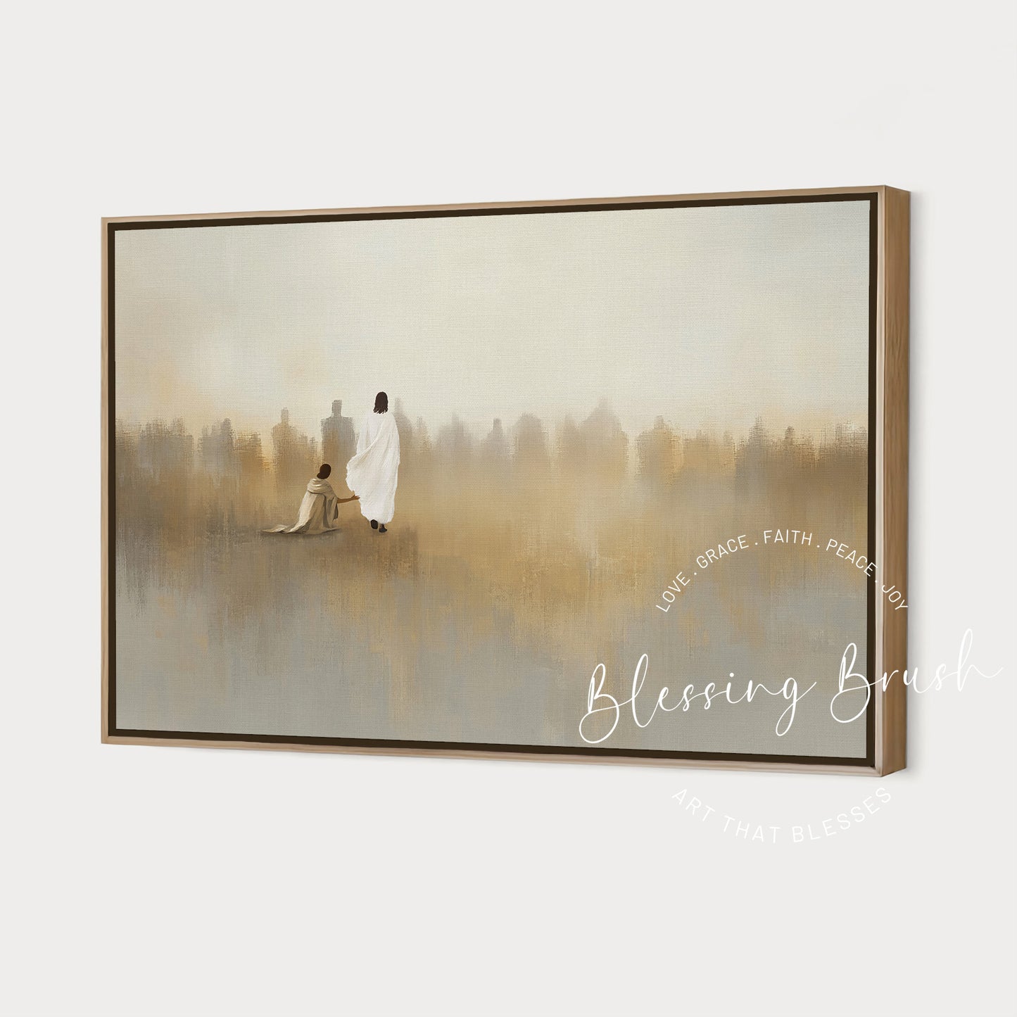 Minimalist Modern Christian wall art of the bleeding woman touching the hem of Jesus’ garment for healing. Abstract gold and beige background, symbolic of faith, hope, and divine compassion. Large framed canvas for Christian home decor.