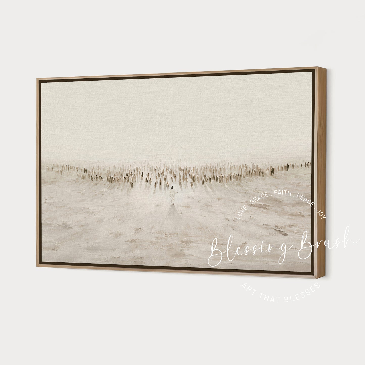 Minimalist painting of Jesus teaching a large crowd, earthy neutral tones, modern framed canvas, Blessing Brush art.