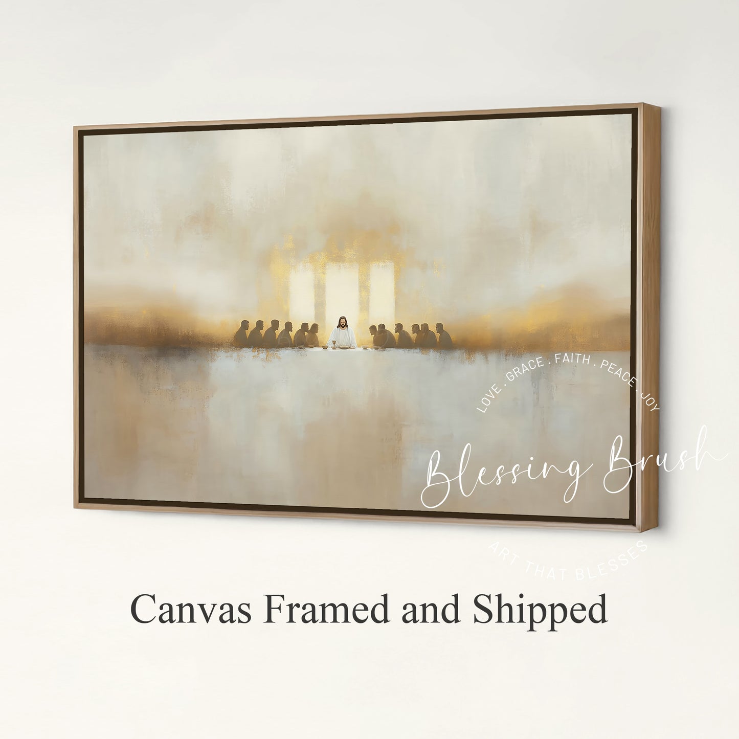 Minimalist Last Supper artwork of Jesus and disciples, framed Christian wall art in warm neutral tones for Easter, Passover and Holy Communion