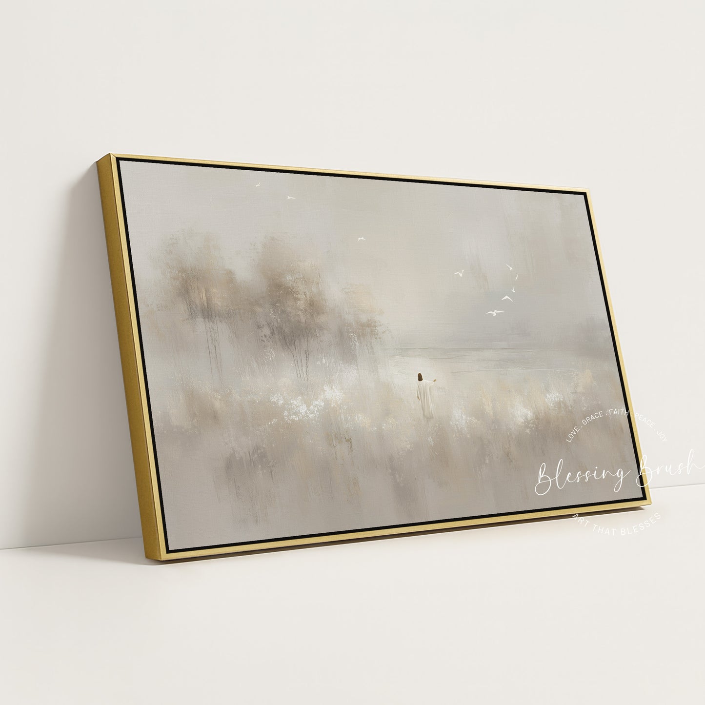Look at the Birds, Lilies of the Field Christian Wall Art – Minimalist Beige Jesus Painting