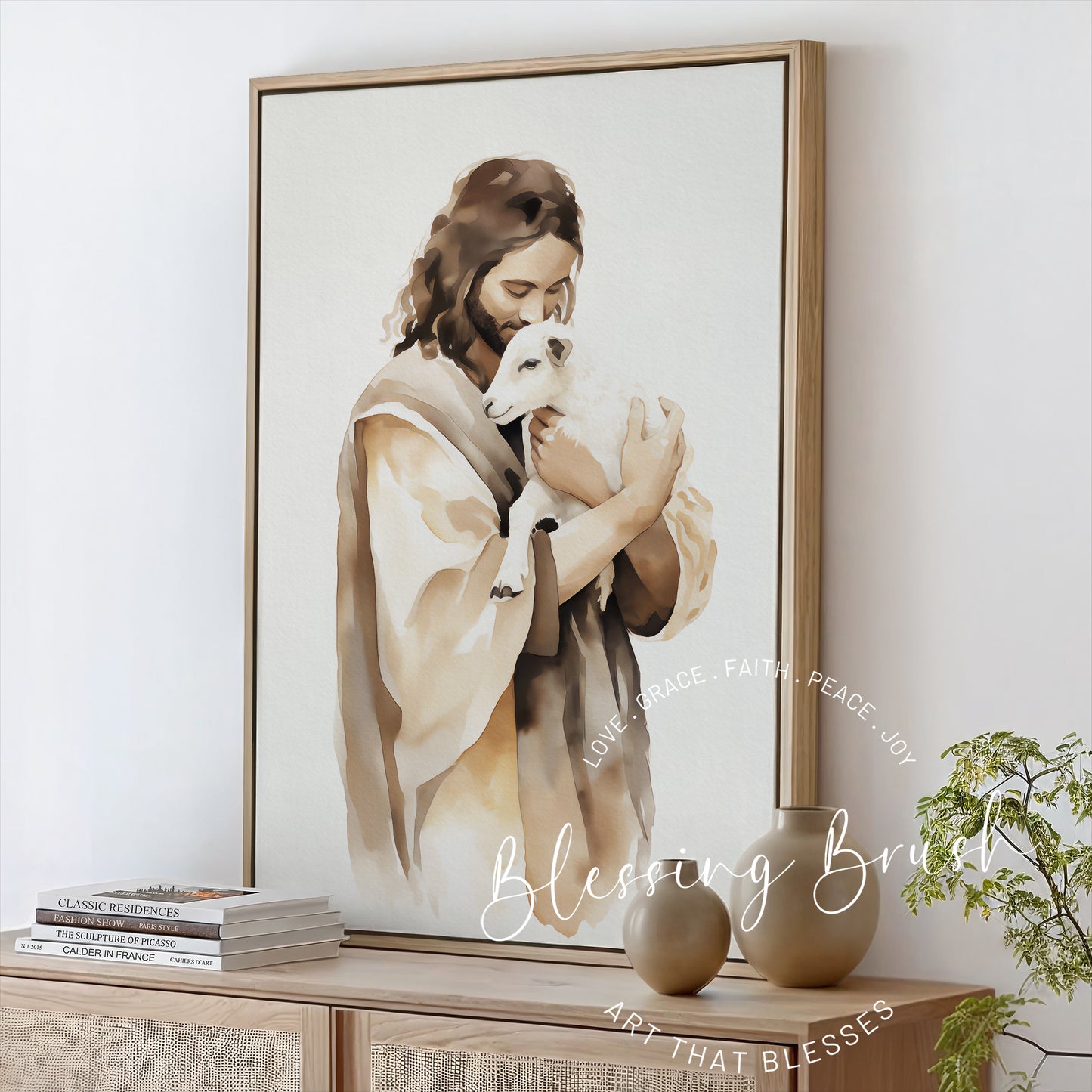 Watercolor painting of Jesus gently holding a sheep close to His chest, inspired by the Good Shepherd and Lost Sheep parables, framed Christian canvas in warm neutral tones, Blessing Brush.