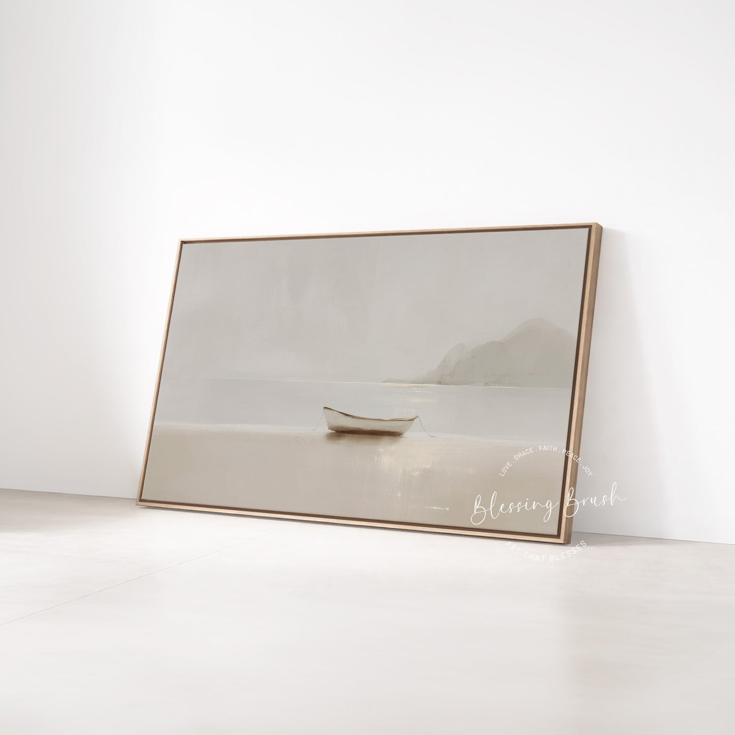 Fishers of Men Christian Wall Art Framed Canvas, Minimalist Neutral Boat Painting