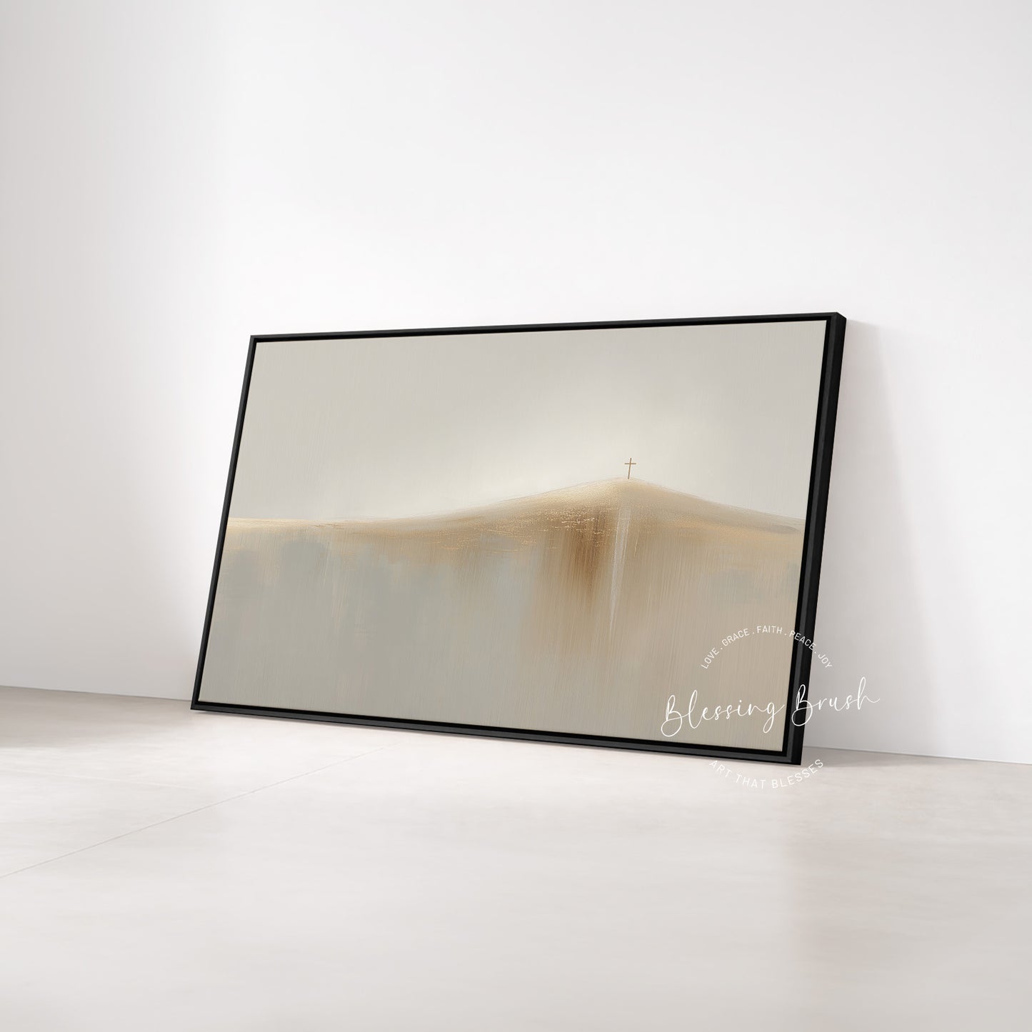 It is Finished - Jesus Cross on the Hill Framed Canvas – Minimalist Christian Painting | Blessing Brush