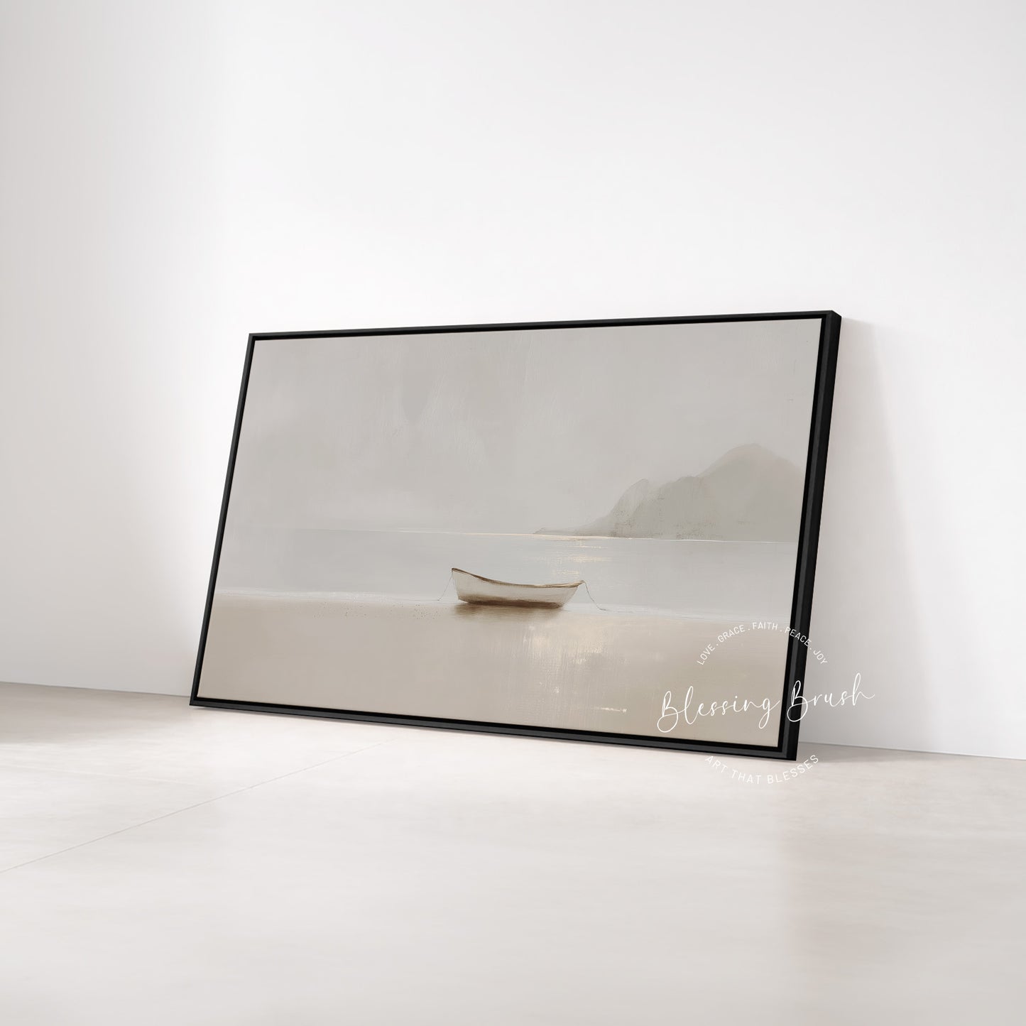 Fishers of Men Christian Wall Art Framed Canvas, Minimalist Neutral Boat Painting