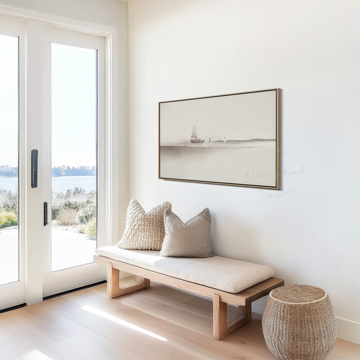 Step of Faith – Jesus and Peter Walk on Water Framed Canvas, Neutral Beige Minimalist Christian Wall Art | Blessing Brush