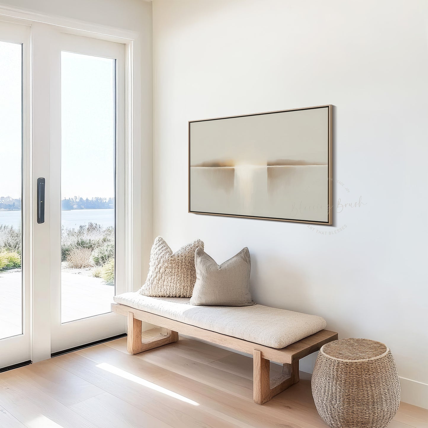Heavenly Light Framed Canvas - I Am the light of the world Christian Wall Art, Minimalist Neutral Painting