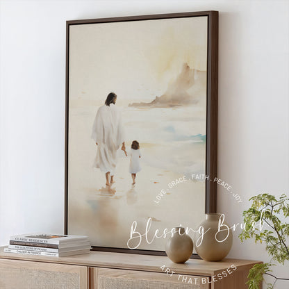 Jesus Walking with Child - Christian Framed Canvas Wall Art, Gentle Faith-Inspired Print, Spiritual Shoreline Scene for Home or Nursery