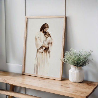Jesus Embracing a Child – Watercolor Christian Wall Art, Comforting Little Girl Framed Canvas