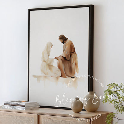 Jesus Heals the Woman - Framed Christian Canvas Wall Art, Bible Compassion Scene, Faith-Based Home Decor